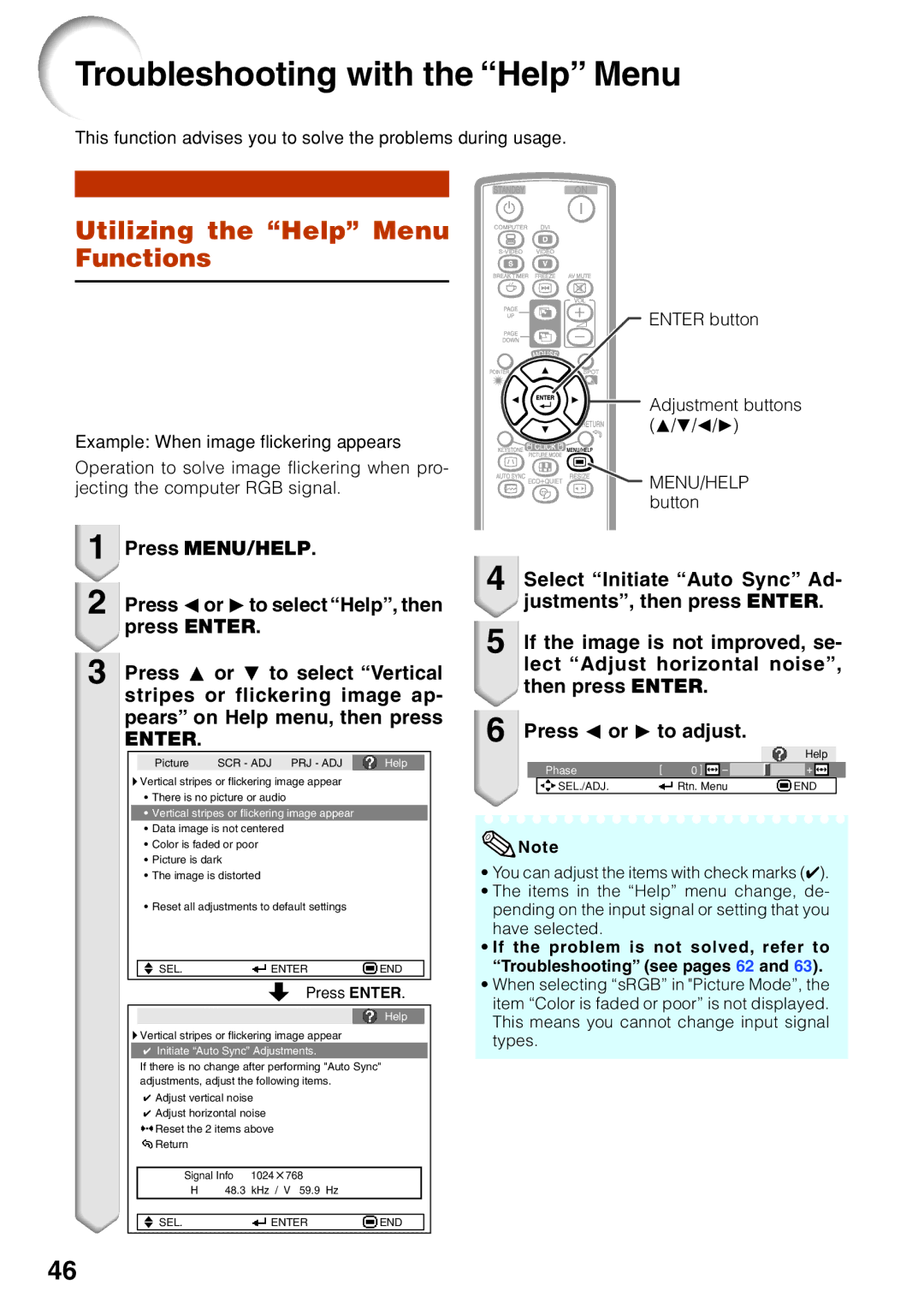 Sharp XG-F260X Troubleshooting with the Help Menu, Utilizing the Help Menu Functions, Press Oor Qto select Help, then 