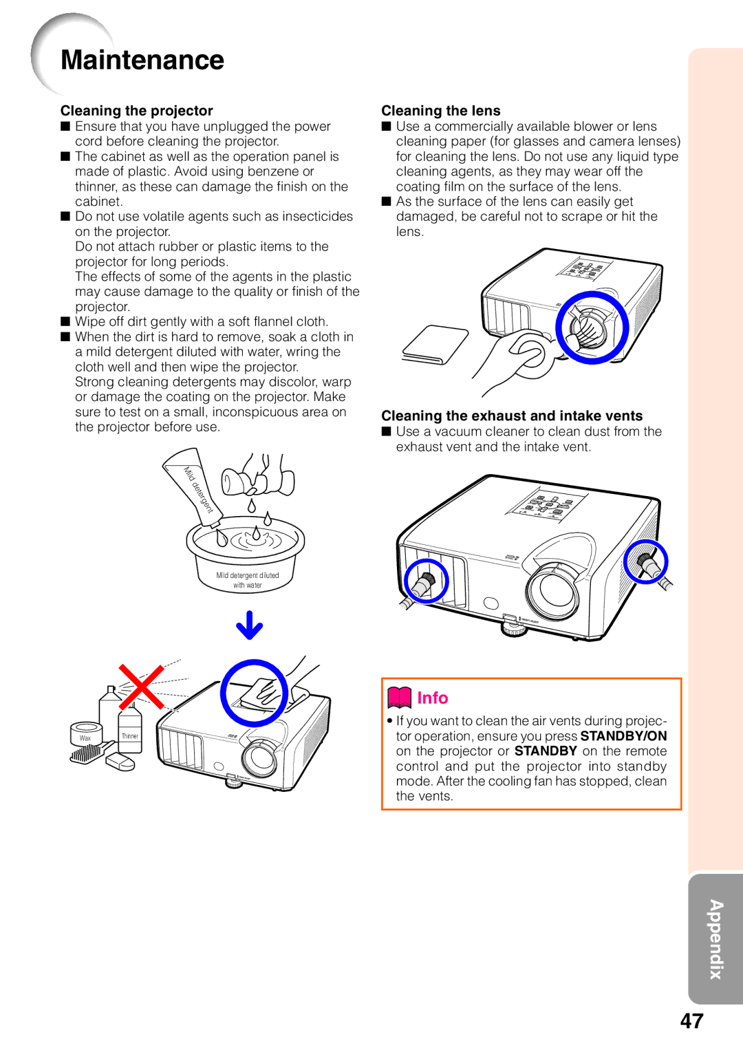 Sharp XG-F210X, XG-F260X operation manual Maintenance, Cleaning the projector 