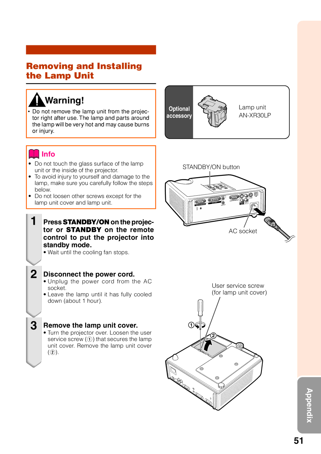 Sharp XG-F210X, XG-F260X Removing and Installing the Lamp Unit, Disconnect the power cord, Remove the lamp unit cover 