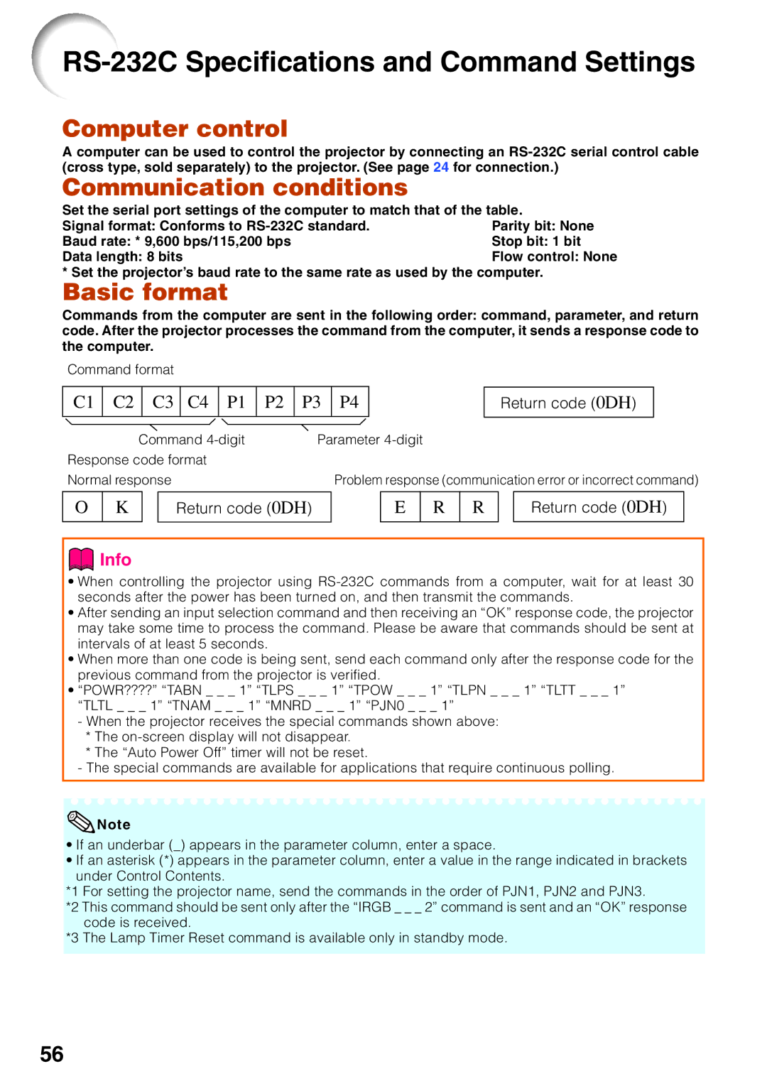 Sharp XG-F260X, XG-F210X operation manual RS-232C Specifications and Command Settings, Return code 0DH 