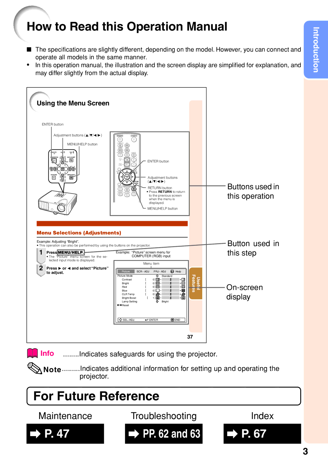 Sharp XG-F210X, XG-F260X operation manual For Future Reference, Using the Menu Screen 