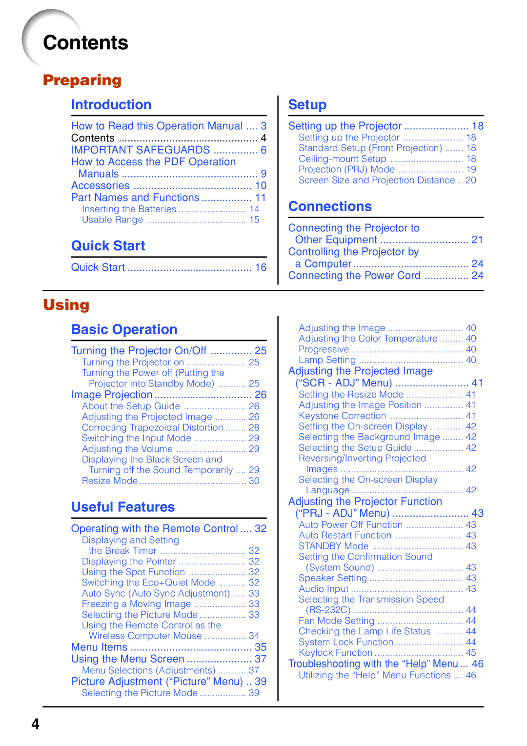 Sharp XG-F260X, XG-F210X operation manual Contents 