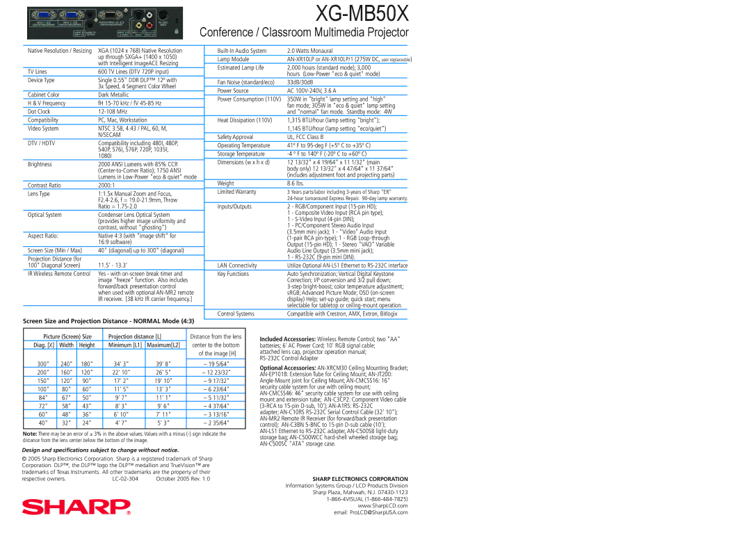 Sharp XG-MB50X 2000 XGA 1024 x 768 Native Resolution, Up through SXGA+ 1400 x, With Intelligent ImageACE Resizing, 1080I 