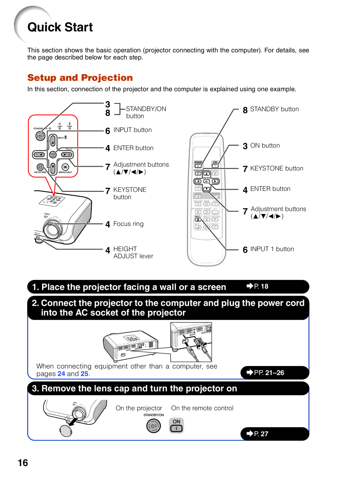 Sharp XG-MB65X-L, XG-MB55X-L, XR-10X-L, XR-10S-L operation manual Quick Start, Setup and Projection, Standby/On 