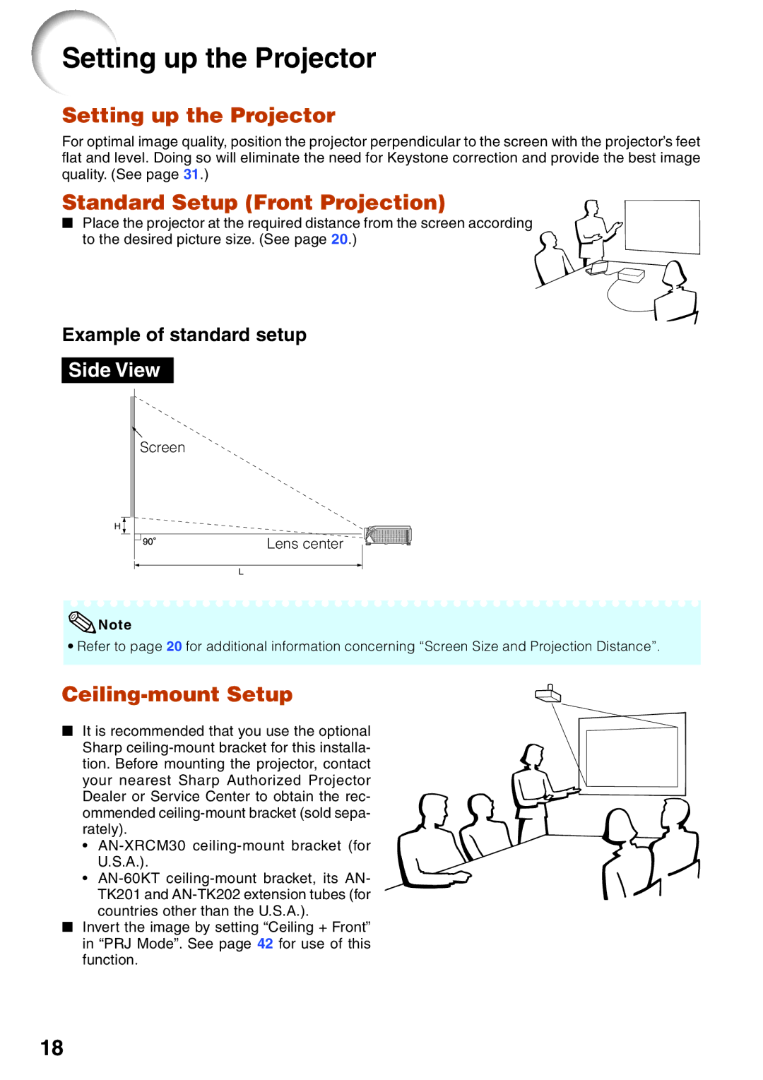 Sharp XG-MB55X-L Setting up the Projector, Standard Setup Front Projection, Ceiling-mount Setup, Screen Lens center 