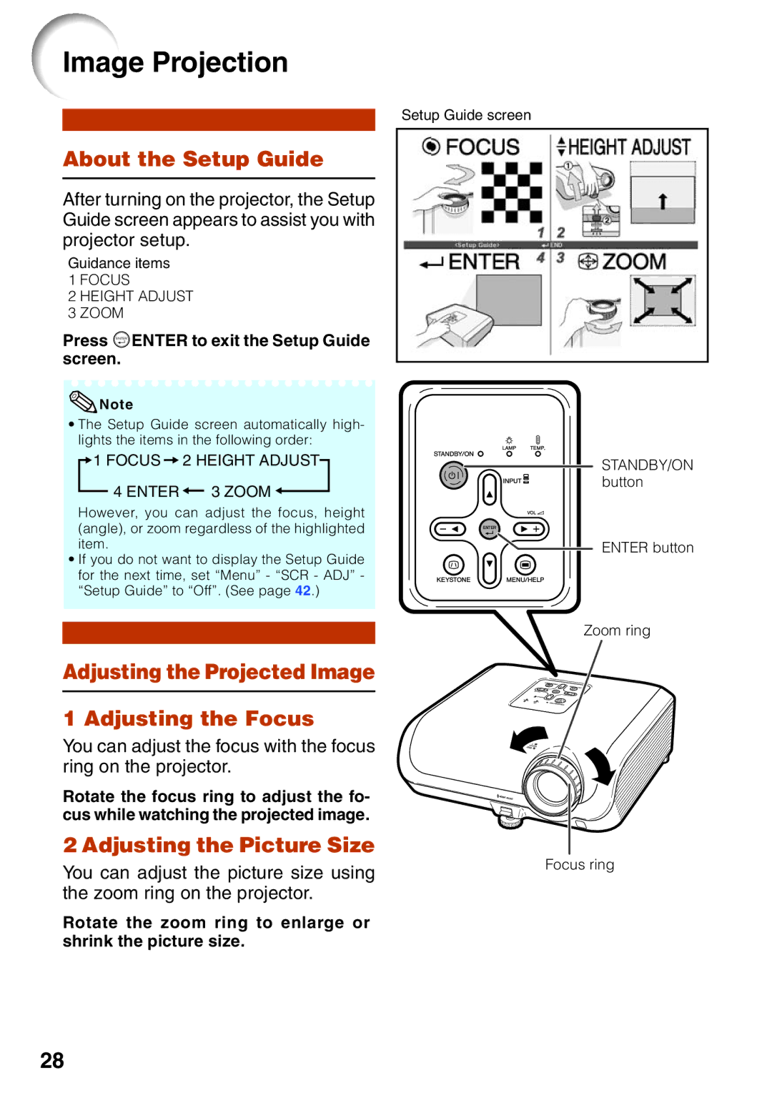 Sharp XG-MB65X-L, XG-MB55X-L, XR-10X-L, XR-10S-L Image Projection, About the Setup Guide, Adjusting the Picture Size 