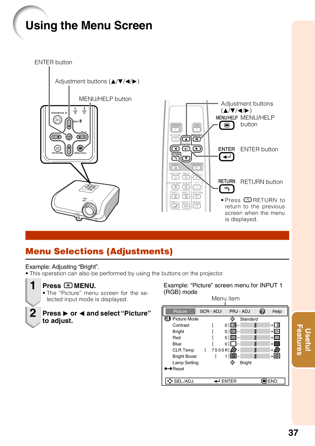 Sharp XG-MB65X-L, XG-MB55X-L, XR-10X-L, XR-10S-L Using the Menu Screen, Menu Selections Adjustments, Press Bmenu 