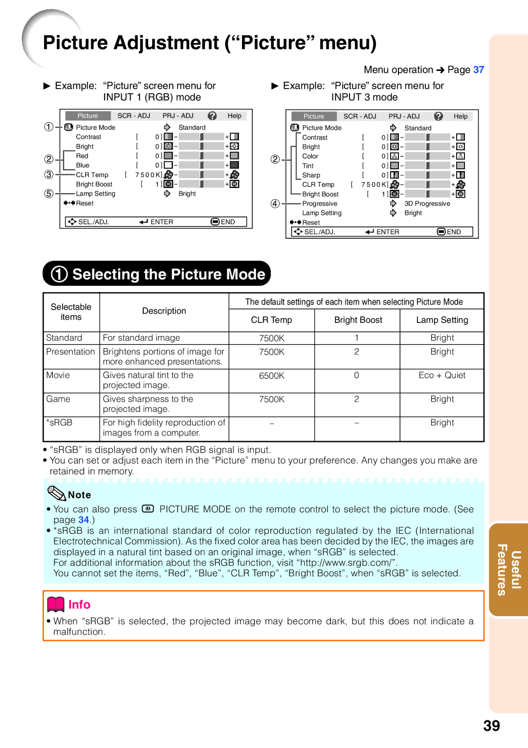 Sharp XG-MB55X-L, XG-MB65X-L Picture Adjustment Picture menu, Example Picture screen menu for Input 1 RGB mode 