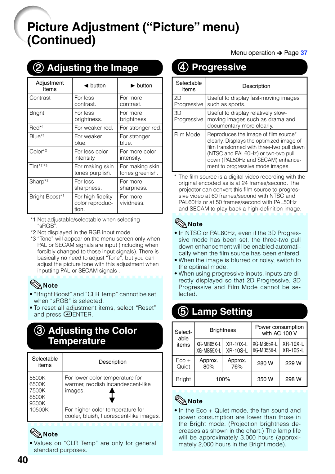 Sharp XG-MB65X-L, XG-MB55X-L, XR-10X-L, XR-10S-L operation manual 2Adjusting the Image, Menu operation n 