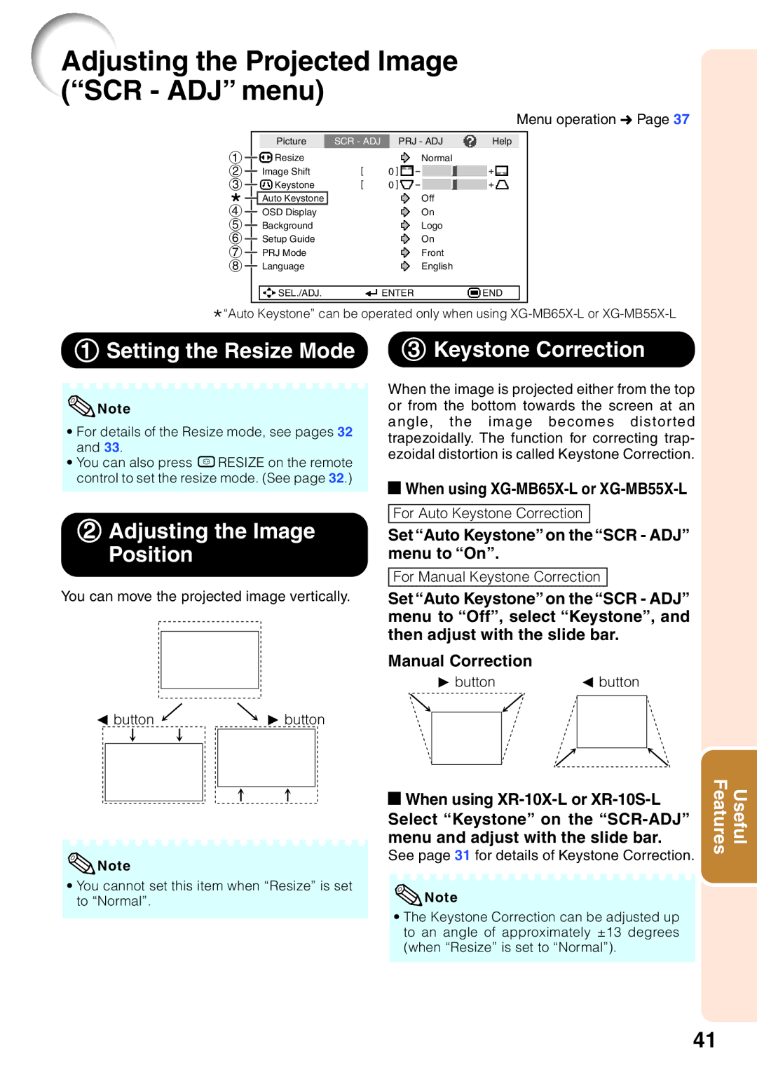 Sharp operation manual Adjusting the Projected Image SCR ADJ menu, When using XG-MB65X-L or XG-MB55X-L 