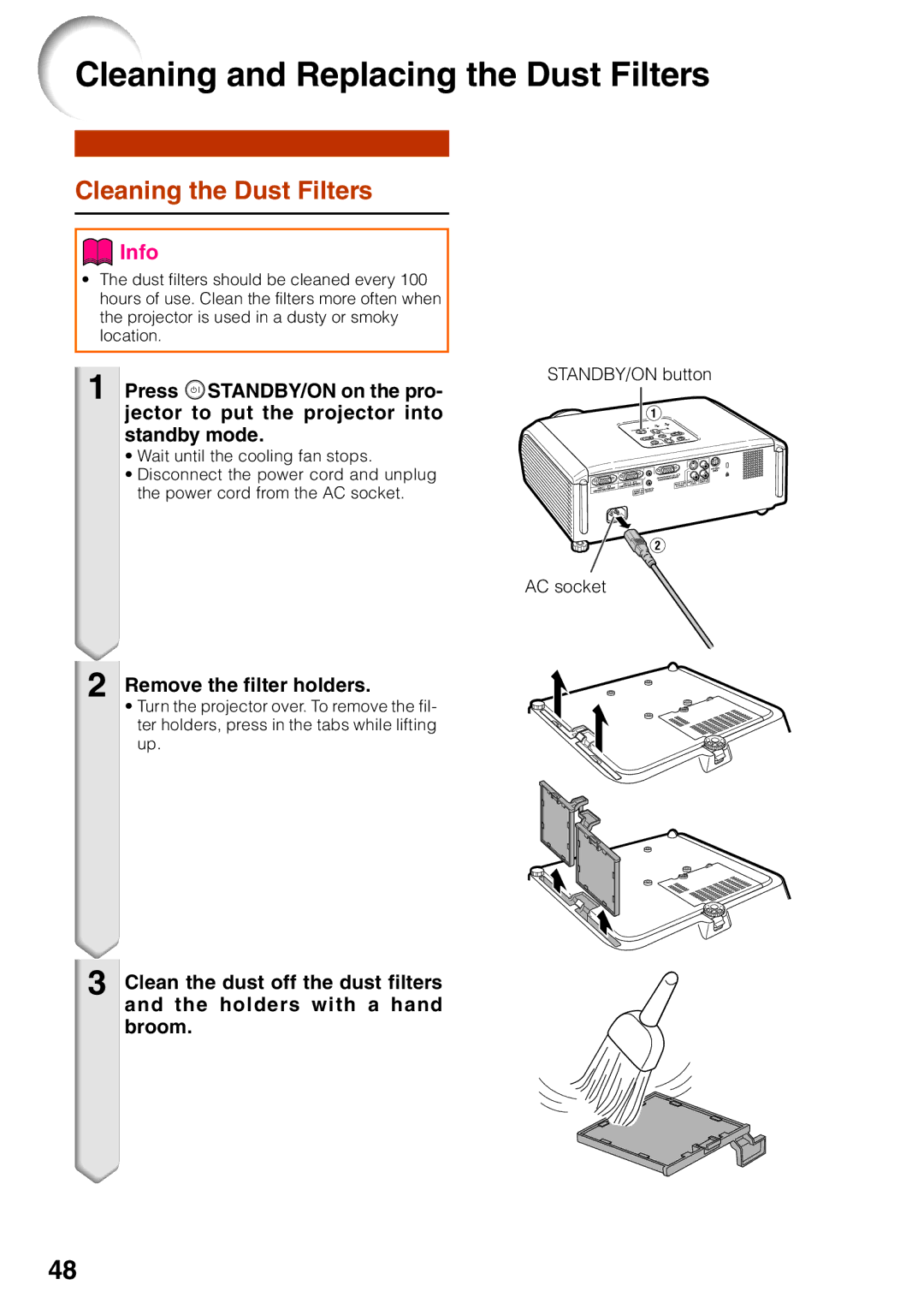 Sharp XG-MB55X-L, XG-MB65X-L Cleaning and Replacing the Dust Filters, Cleaning the Dust Filters, Remove the filter holders 