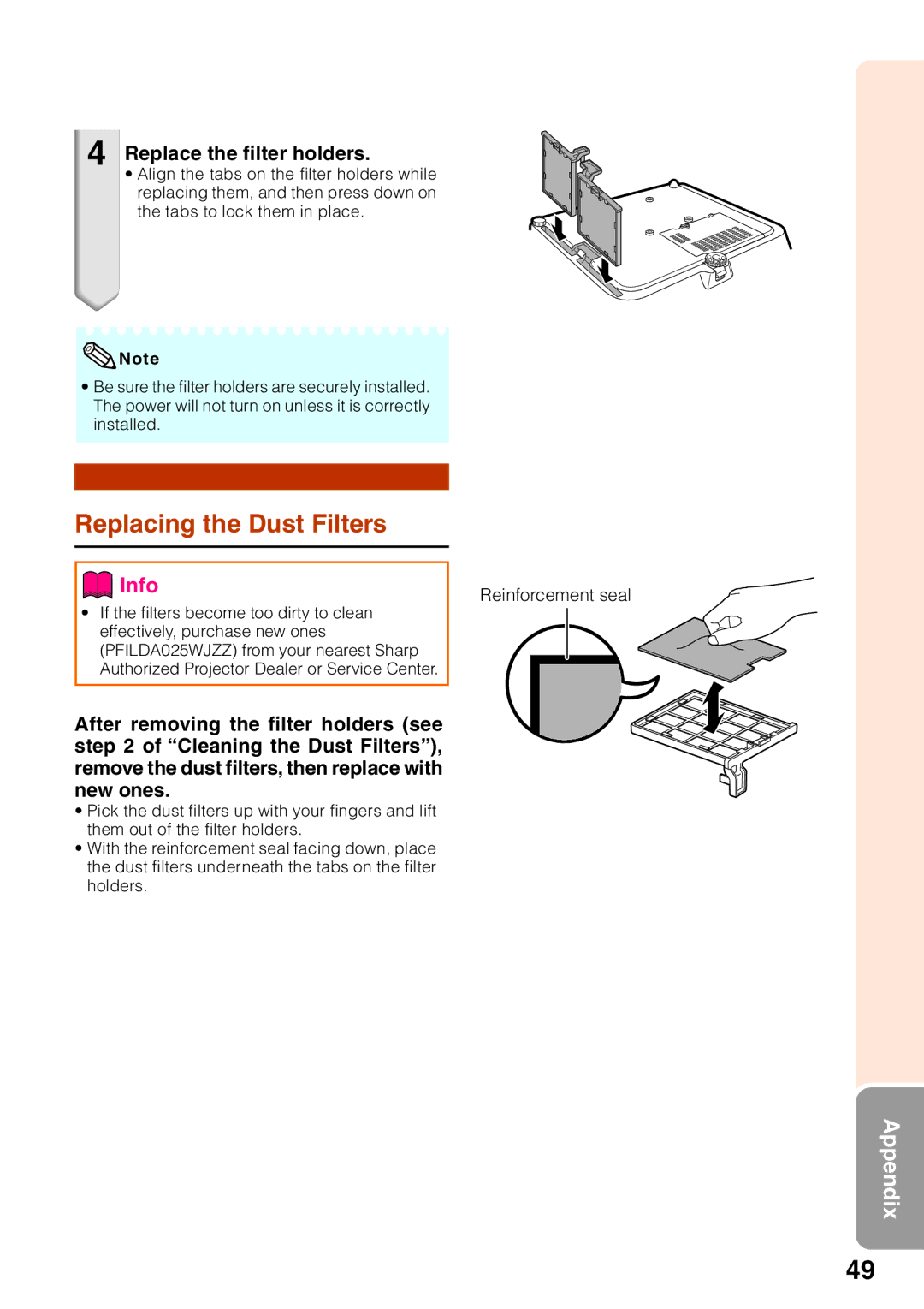 Sharp XG-MB65X-L, XG-MB55X-L, XR-10X-L, XR-10S-L operation manual Replacing the Dust Filters, Replace the filter holders 