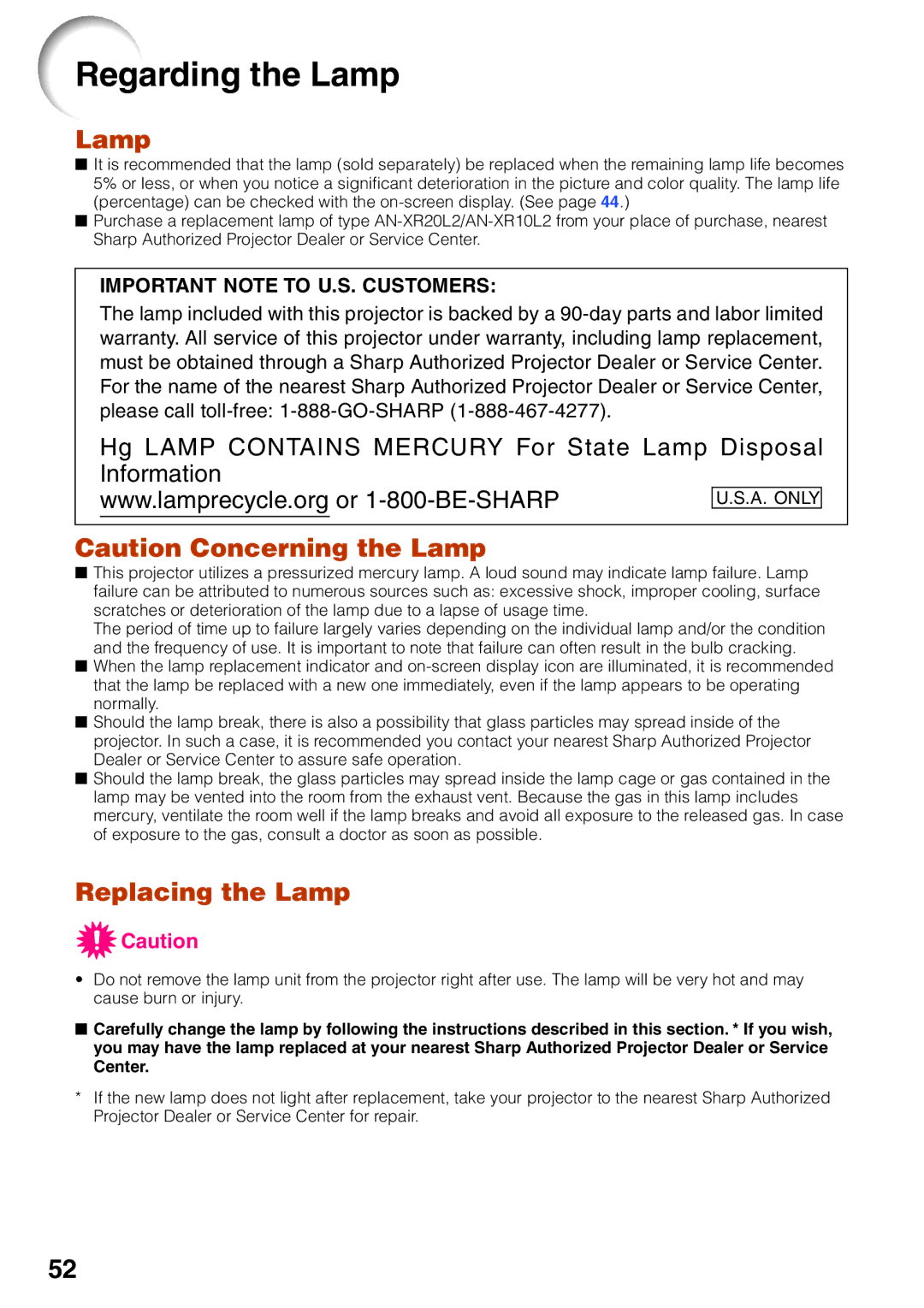 Sharp XG-MB65X-L, XG-MB55X-L, XR-10X-L, XR-10S-L operation manual Regarding the Lamp, Replacing the Lamp 