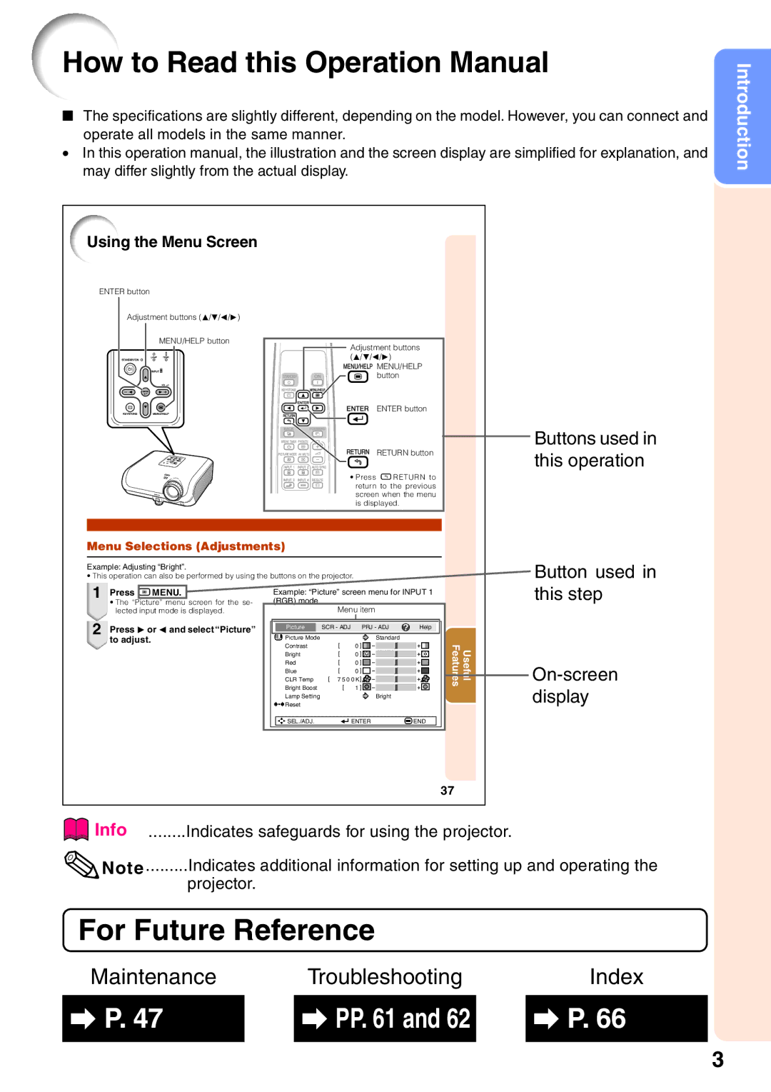 Sharp XG-MB65X-L, XG-MB55X-L, XR-10X-L, XR-10S-L operation manual For Future Reference, Using the Menu Screen 