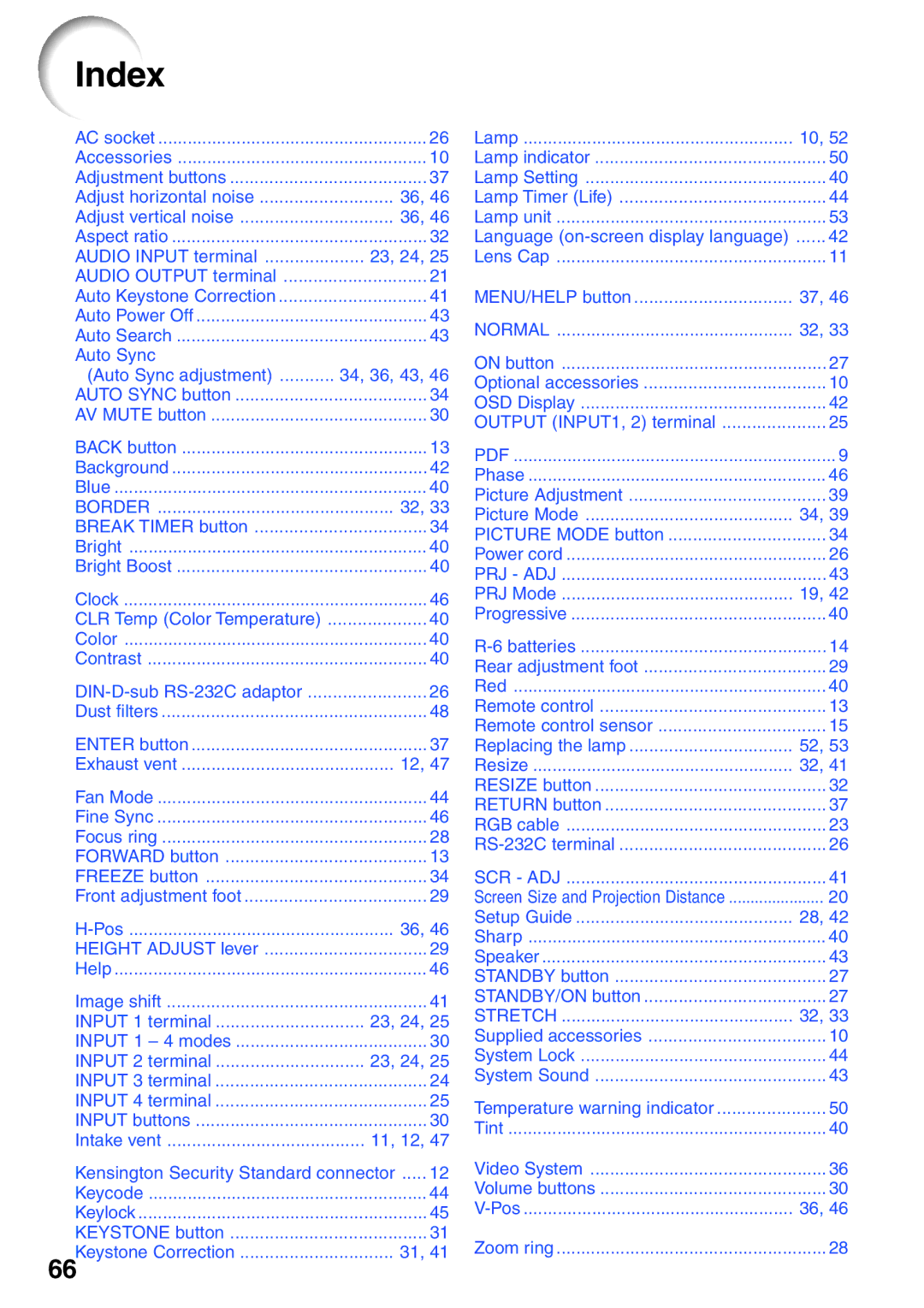 Sharp XG-MB65X-L, XG-MB55X-L, XR-10X-L, XR-10S-L operation manual Index 