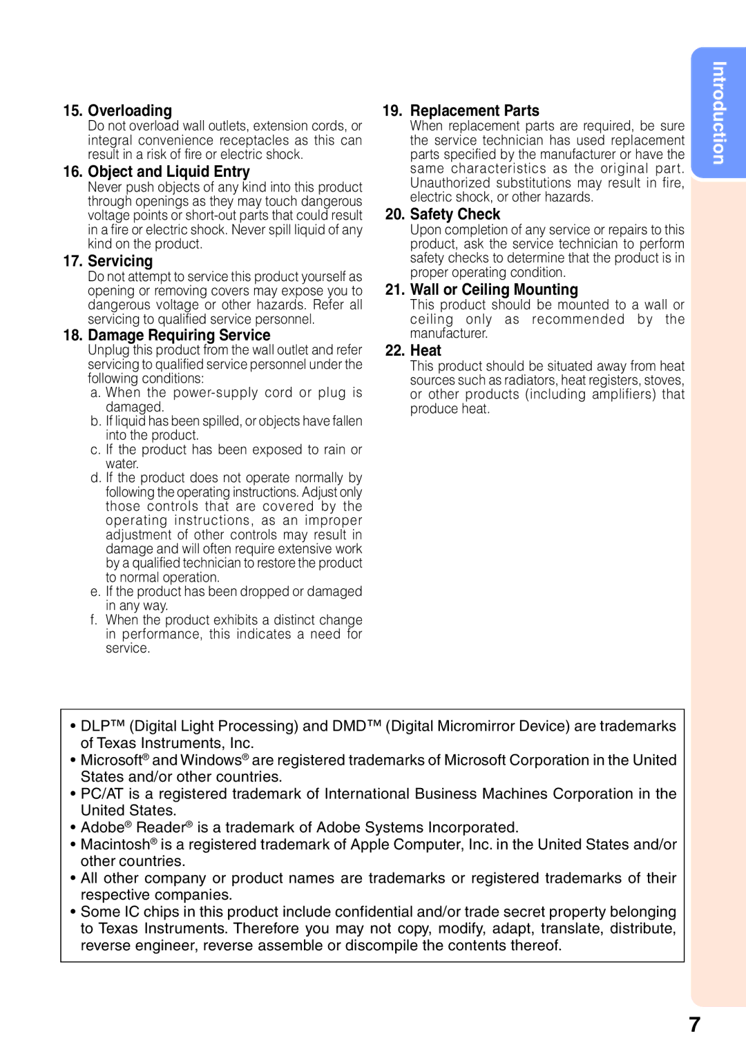 Sharp XG-MB65X Overloading, Object and Liquid Entry, Servicing, Damage Requiring Service, Replacement Parts, Safety Check 