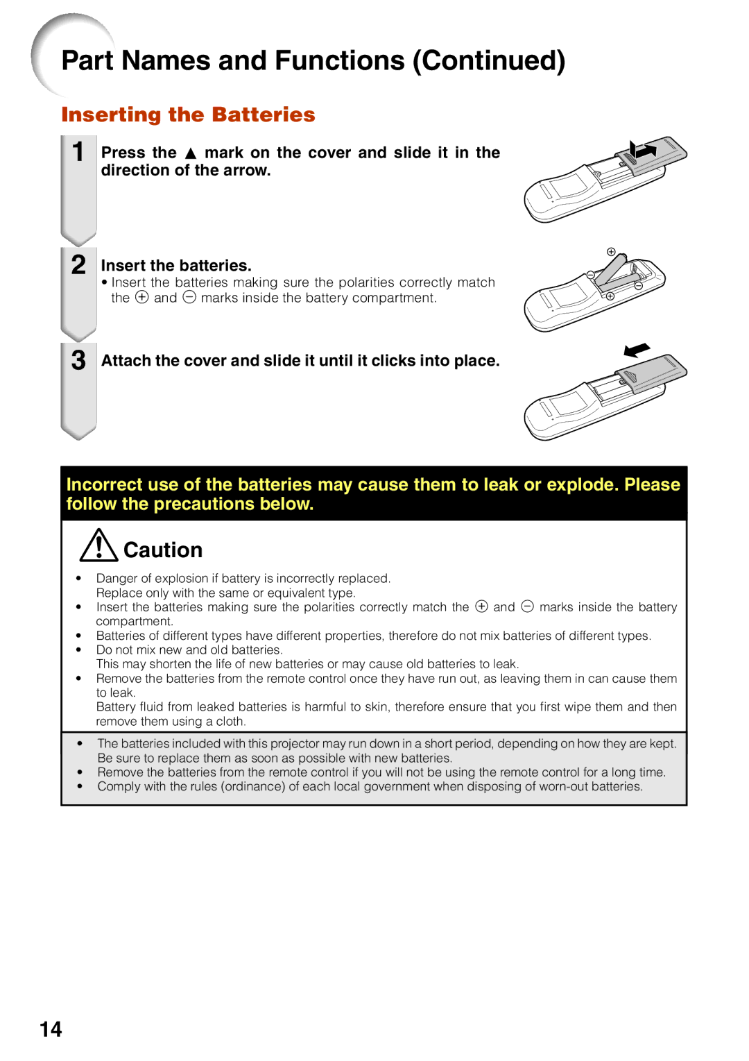 Sharp XG-MB65X operation manual Inserting the Batteries, Attach the cover and slide it until it clicks into place 