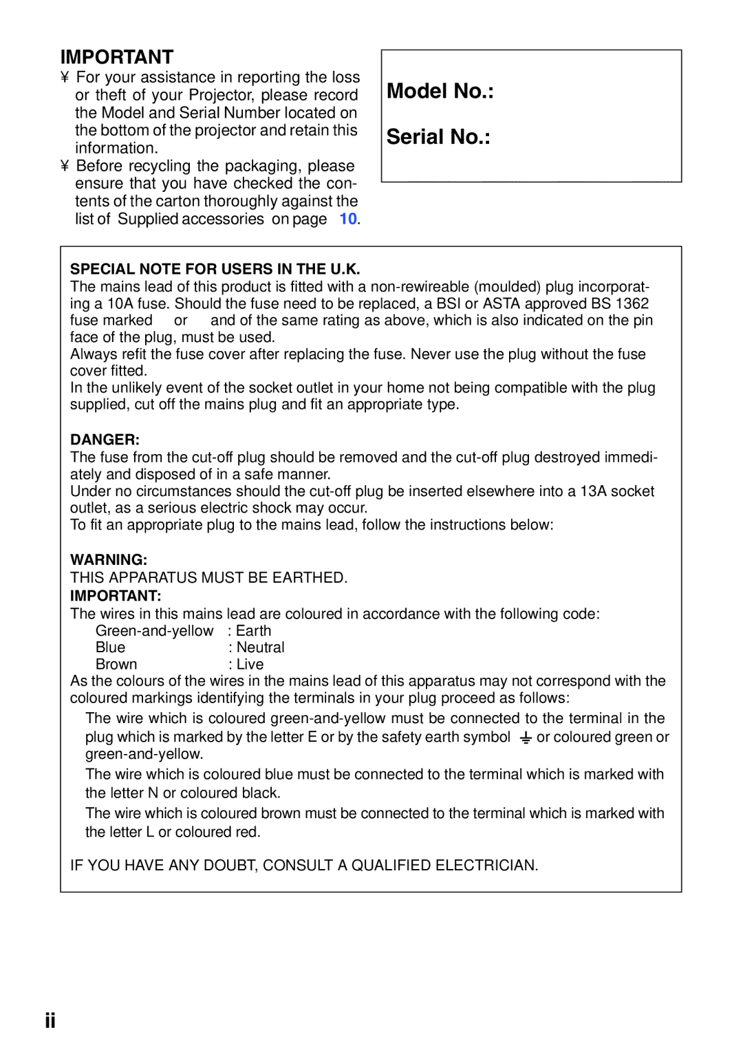 Sharp XG-MB65X operation manual This Apparatus Must be Earthed, If YOU have ANY DOUBT, Consult a Qualified Electrician 