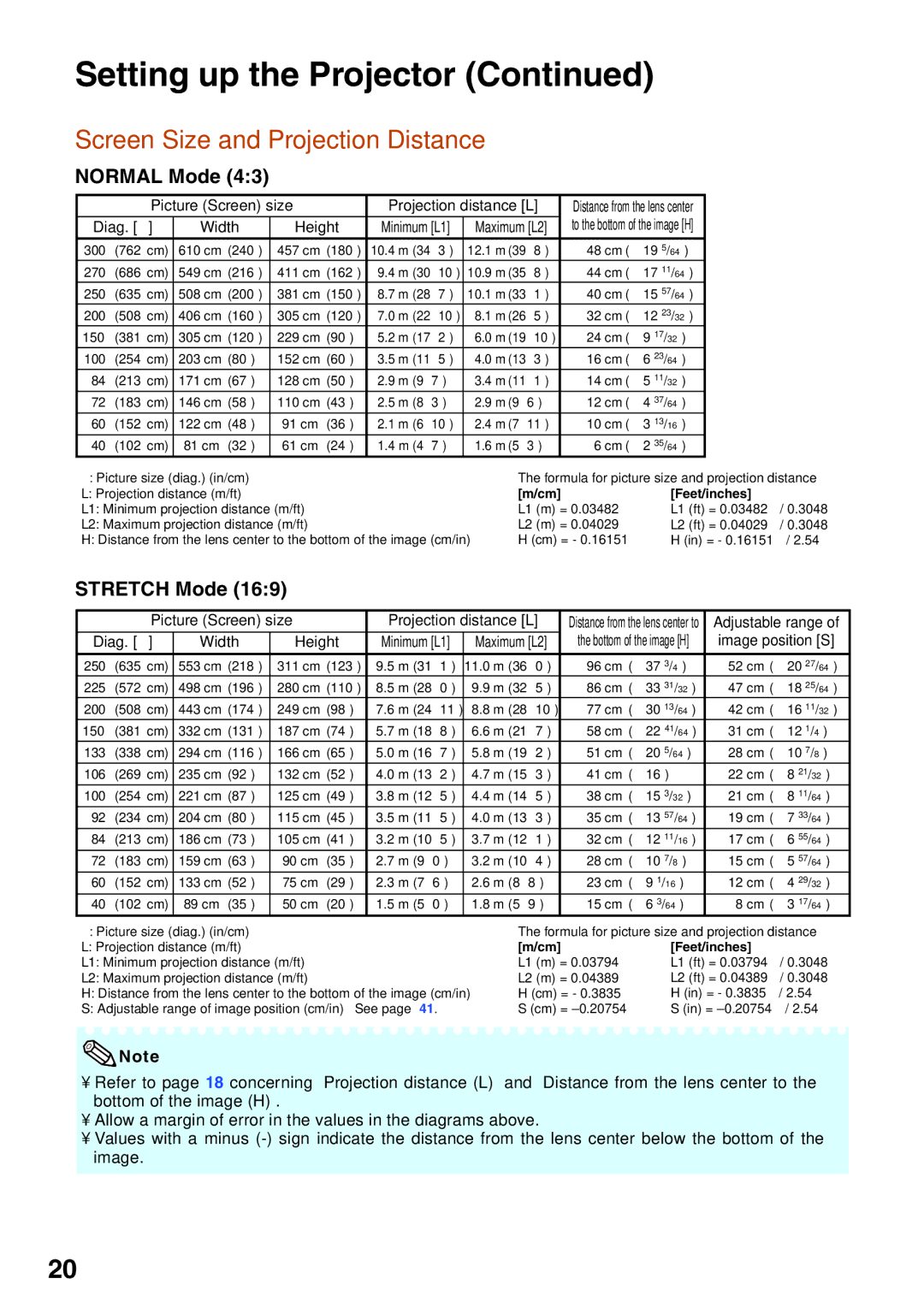 Sharp XG-MB65X operation manual Screen Size and Projection Distance, Normal Mode, Stretch Mode 