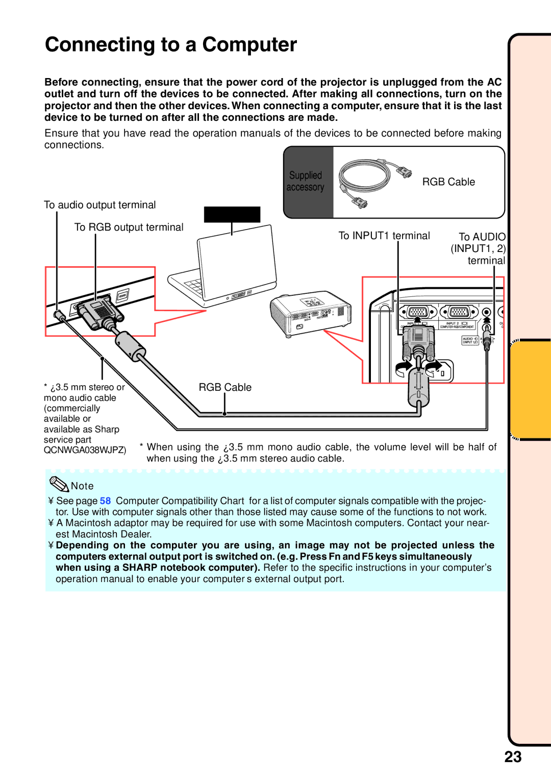 Sharp XG-MB65X operation manual Connecting to a Computer, To audio output terminal To RGB output terminal 