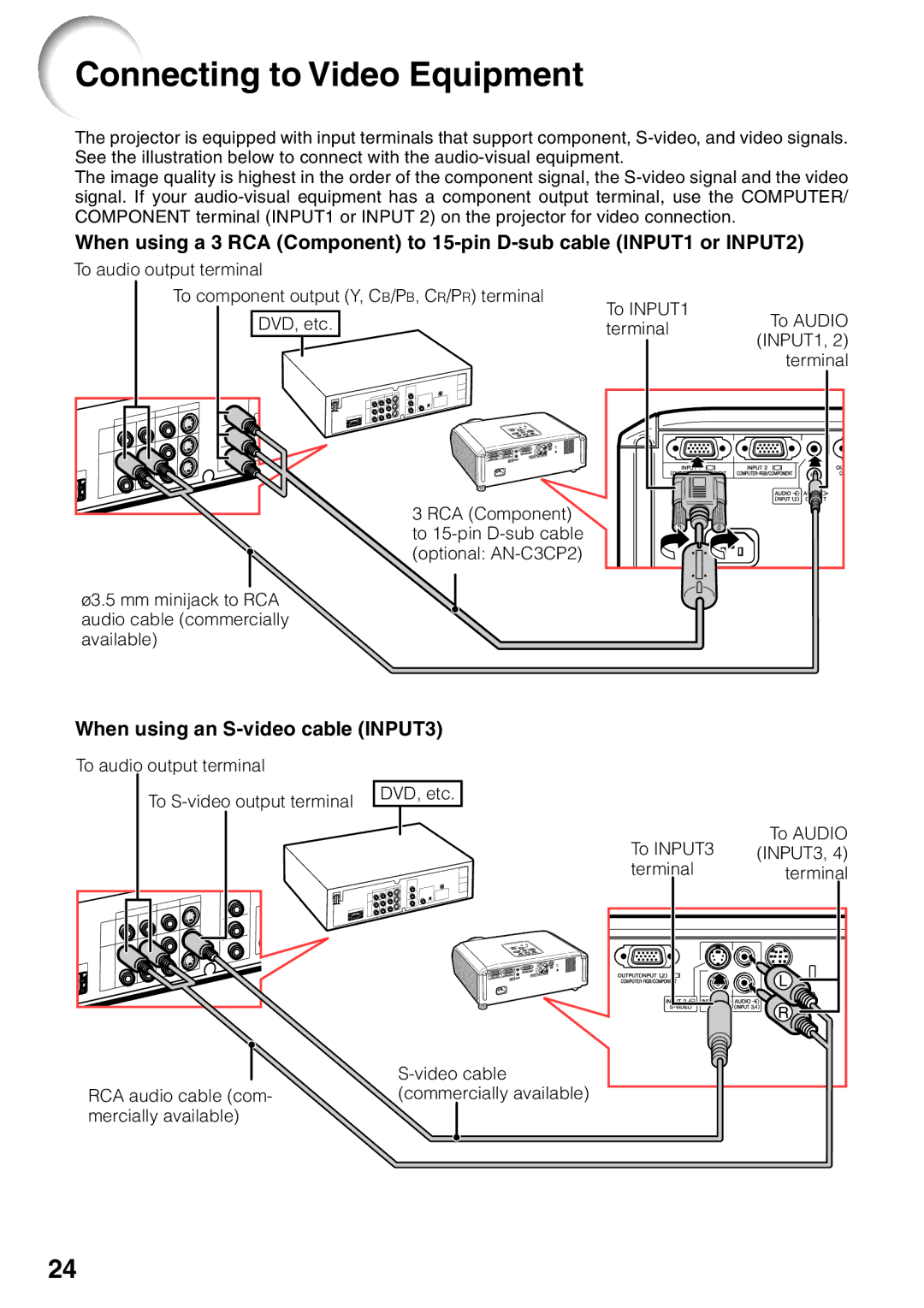 Sharp XG-MB65X operation manual Connecting to Video Equipment, When using an S-video cable INPUT3 