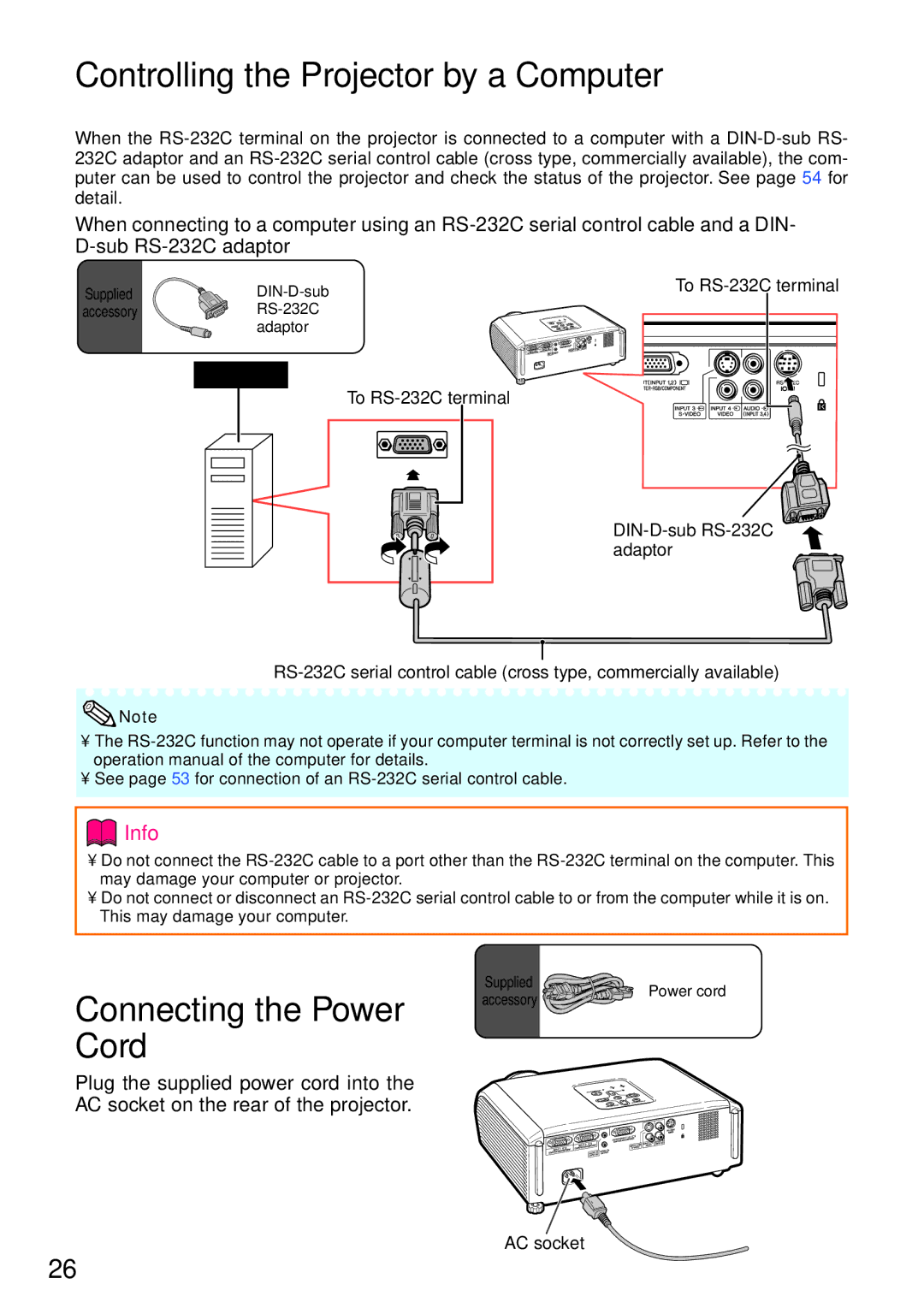 Sharp XG-MB65X operation manual Controlling the Projector by a Computer, Connecting the Power Cord, To RS-232C terminal 