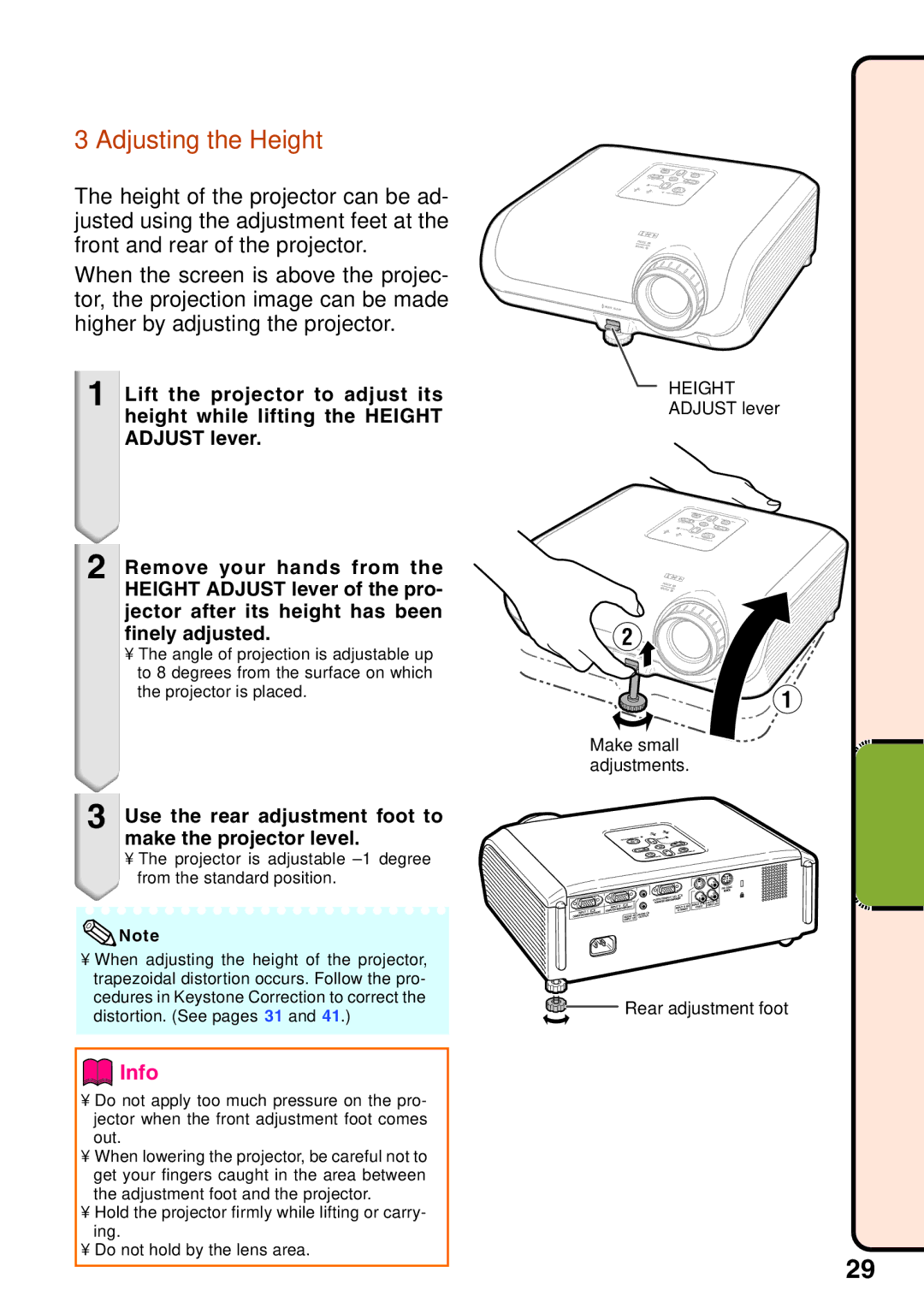 Sharp XG-MB65X Adjusting the Height, Use the rear adjustment foot to make the projector level, Rear adjustment foot 