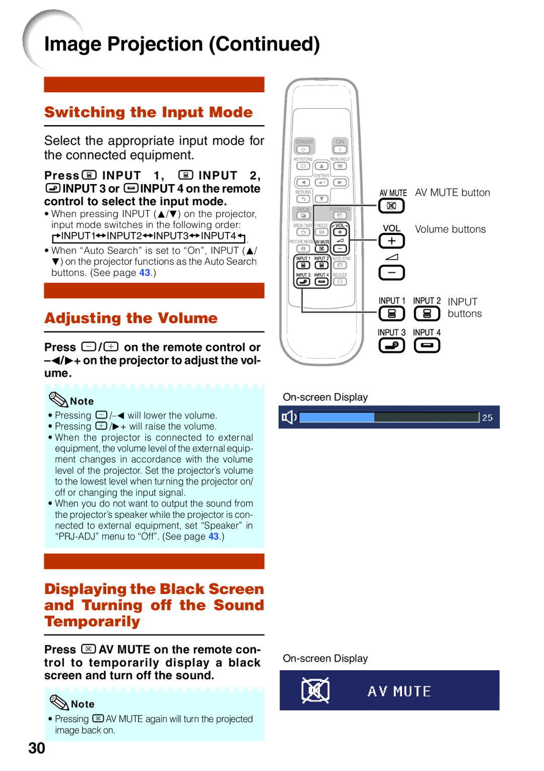 Sharp XG-MB65X operation manual Switching the Input Mode, Adjusting the Volume, AV Mute button Volume buttons Input buttons 