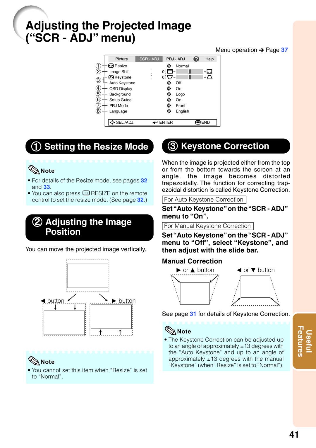 Sharp XG-MB65X operation manual Adjusting the Projected Image SCR ADJ menu, Set Auto Keystone on the SCR ADJ menu to On 