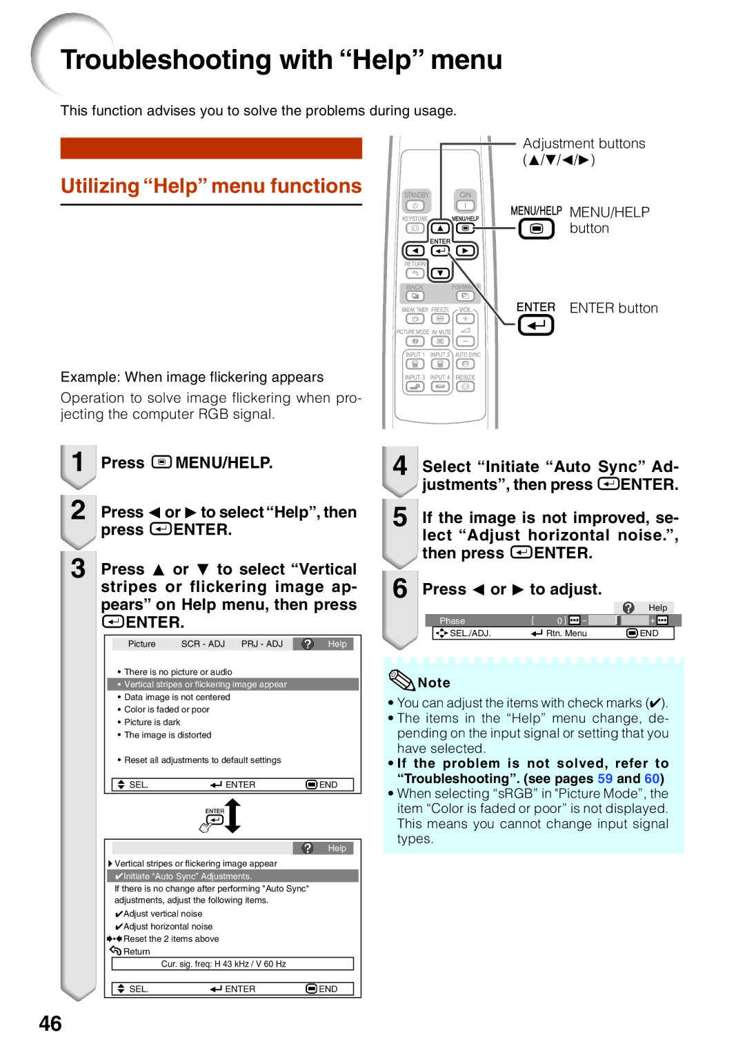 Sharp XG-MB65X operation manual Troubleshooting with Help menu, Utilizing Help menu functions 