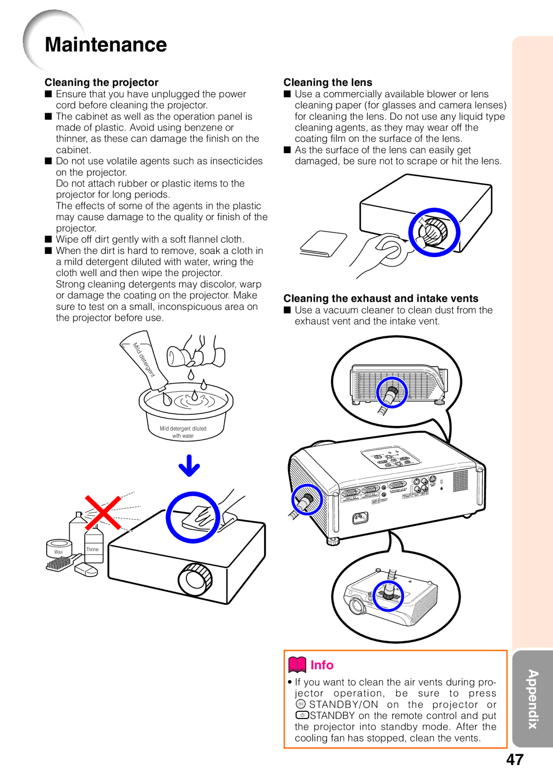 Sharp XG-MB65X operation manual Maintenance, Cleaning the projector 