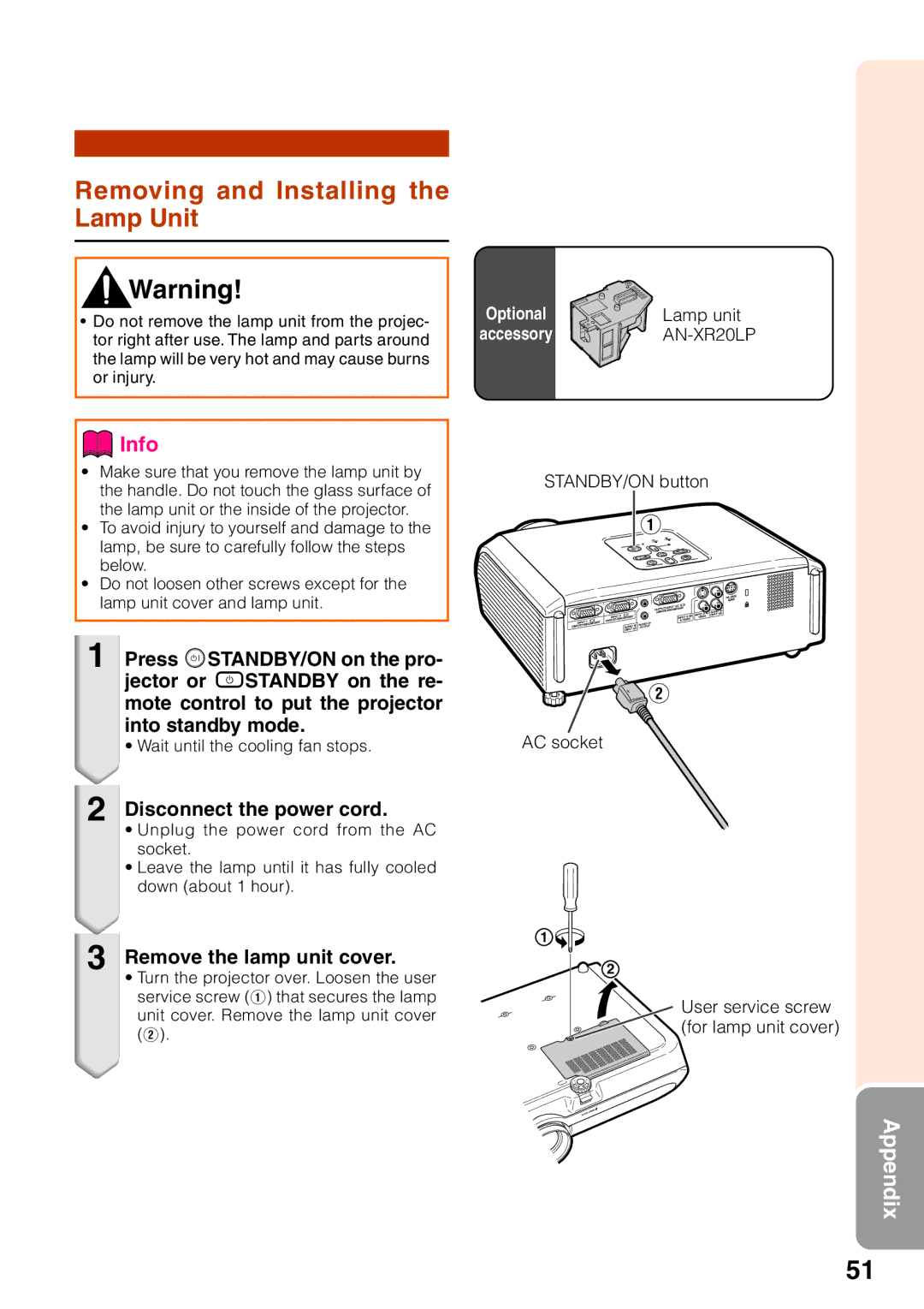 Sharp XG-MB65X Removing and Installing the Lamp Unit, Disconnect the power cord, Remove the lamp unit cover 