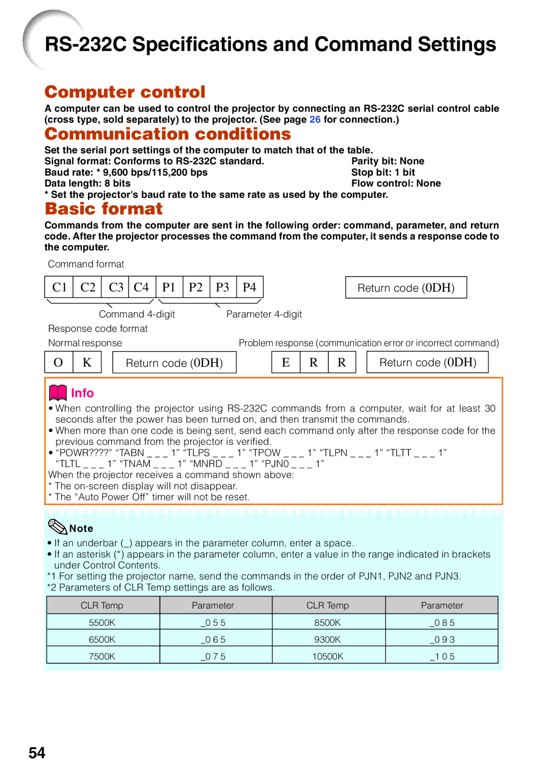 Sharp XG-MB65X operation manual RS-232C Specifications and Command Settings, Return code 0DH 