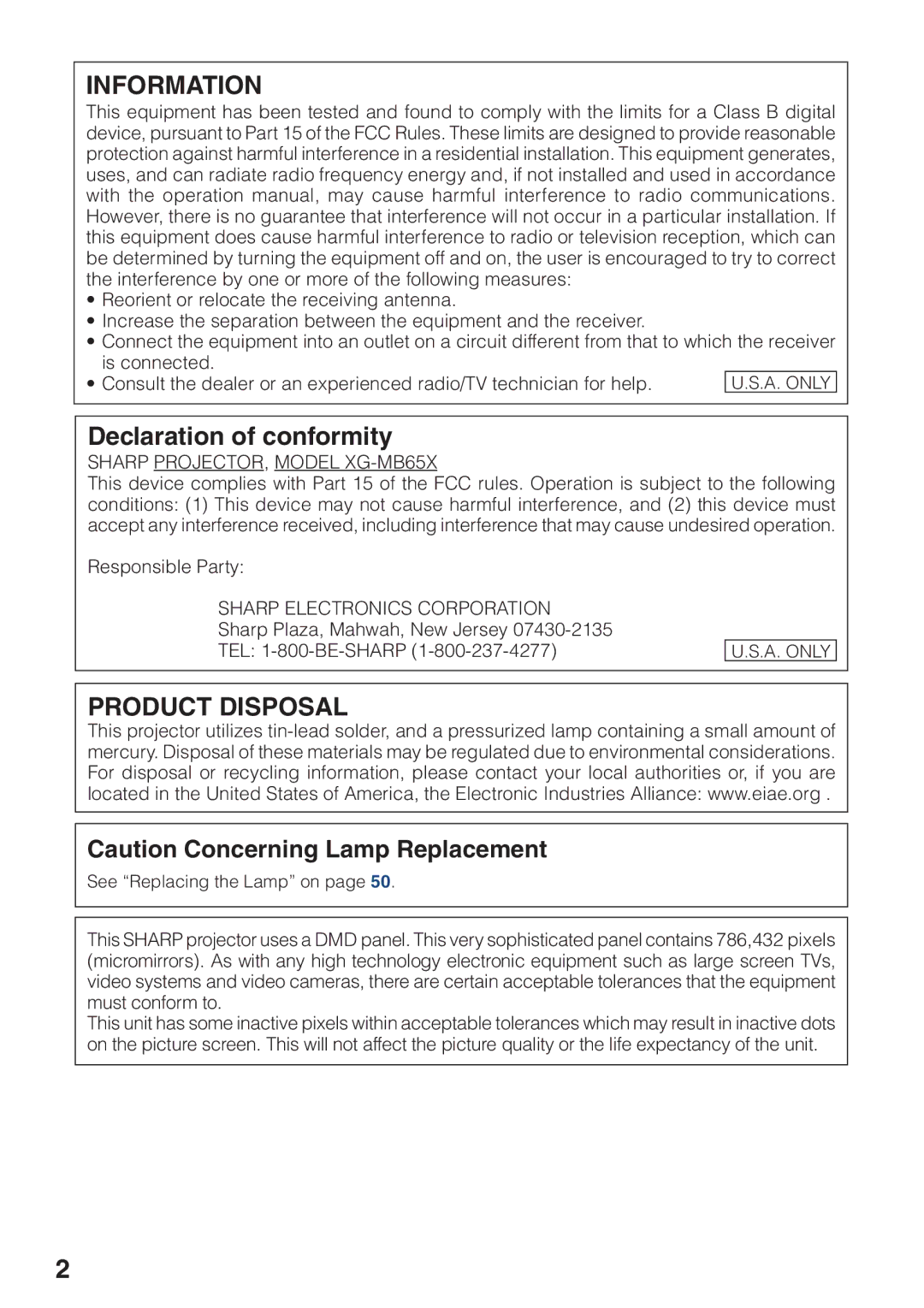 Sharp operation manual Sharp PROJECTOR, Model XG-MB65X, Sharp Electronics Corporation 