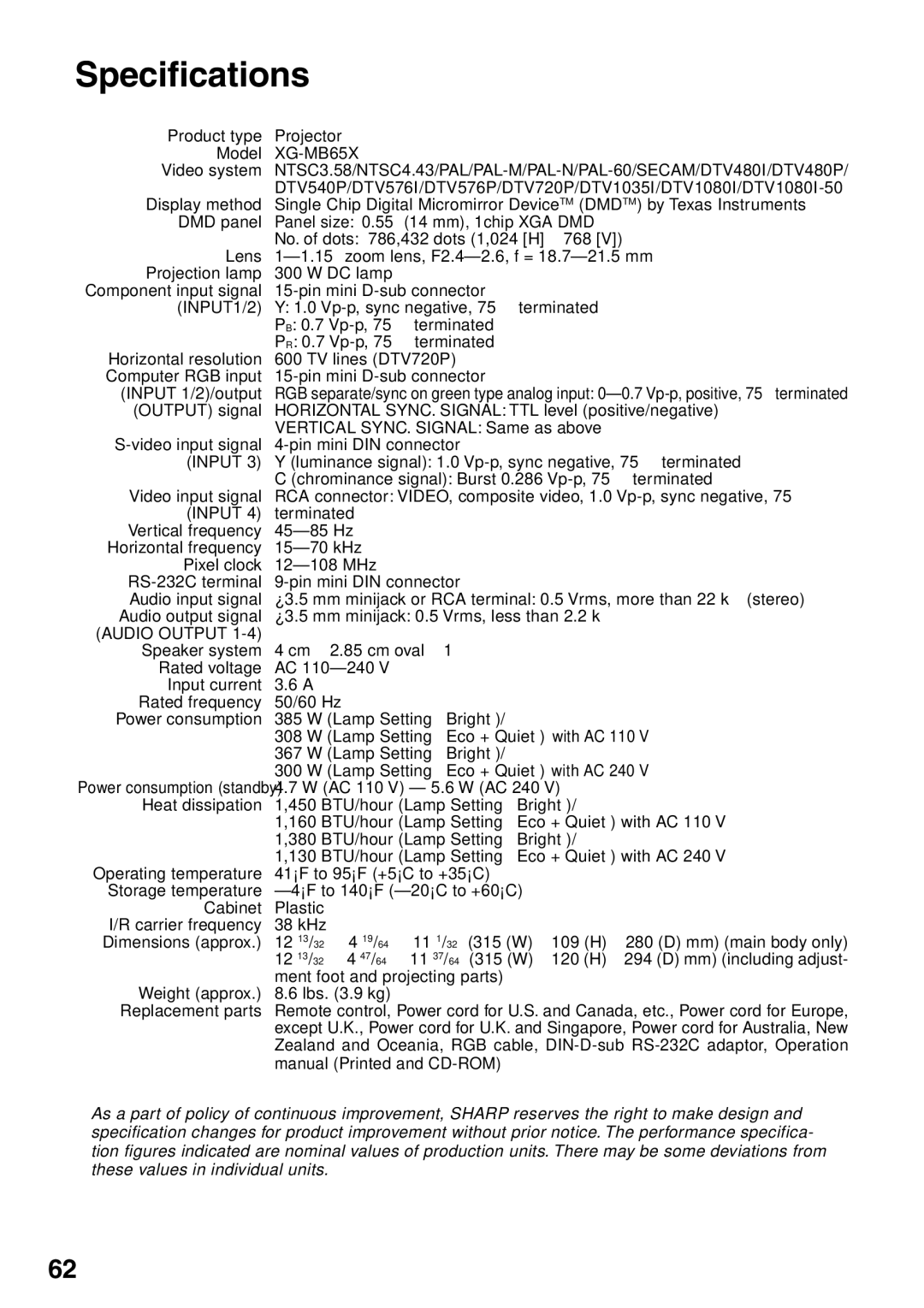 Sharp XG-MB65X operation manual Specifications 