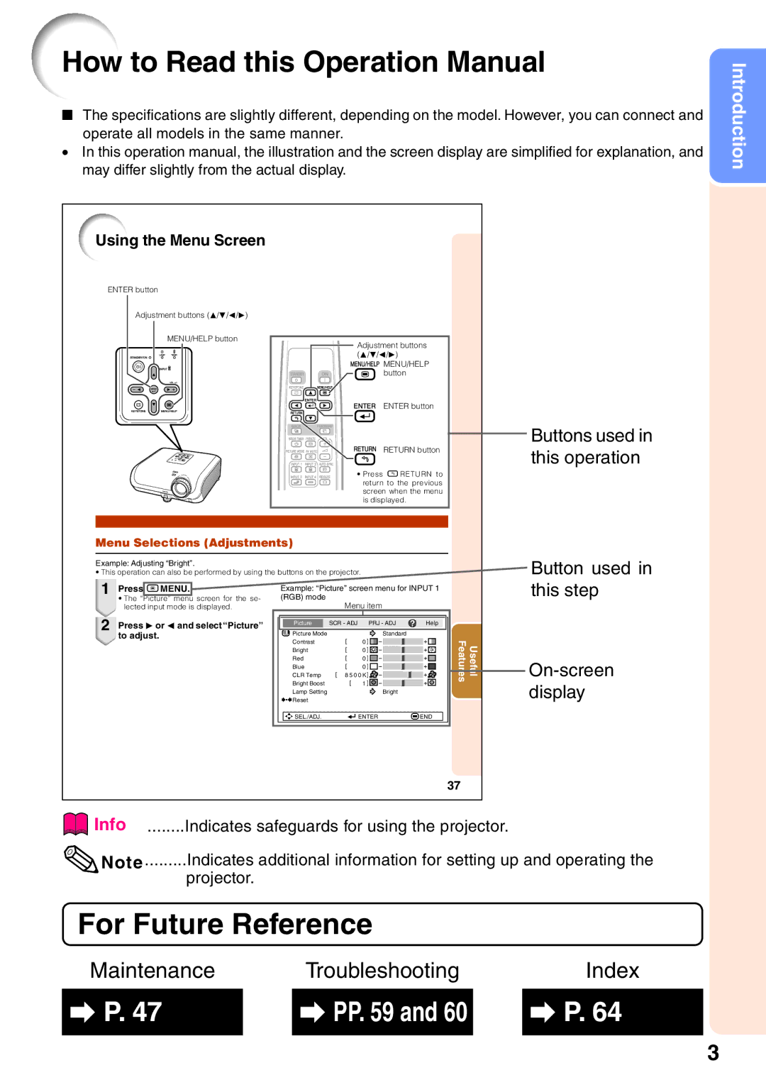 Sharp XG-MB65X operation manual For Future Reference, Using the Menu Screen 