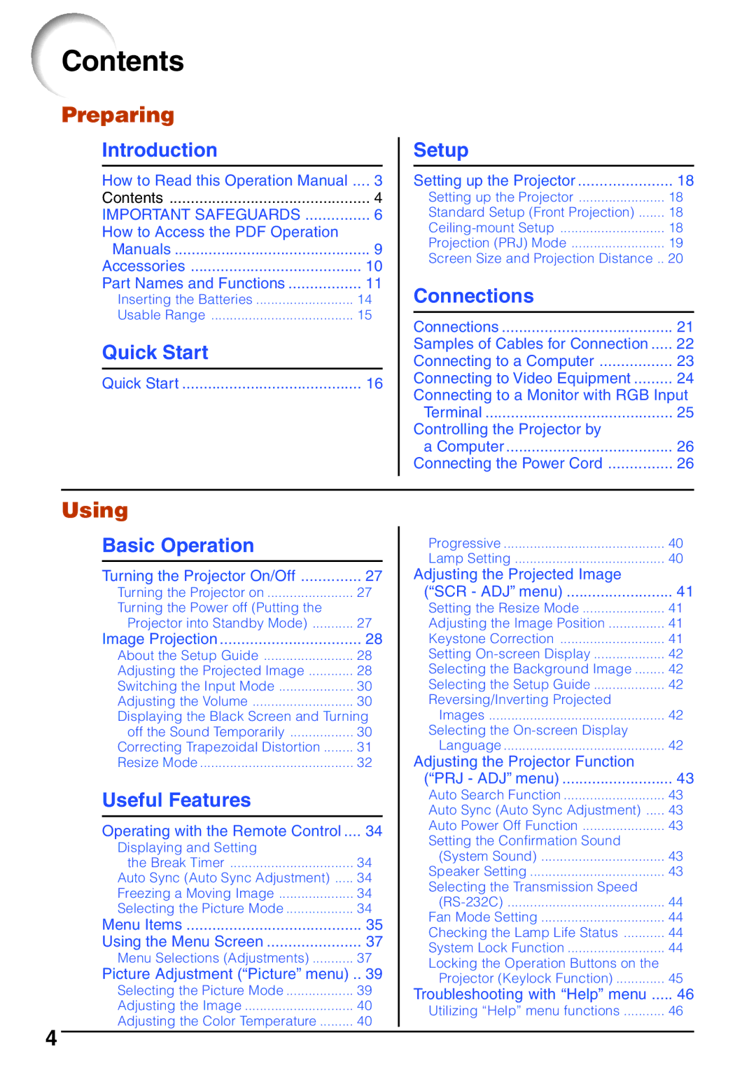 Sharp XG-MB65X operation manual Contents 