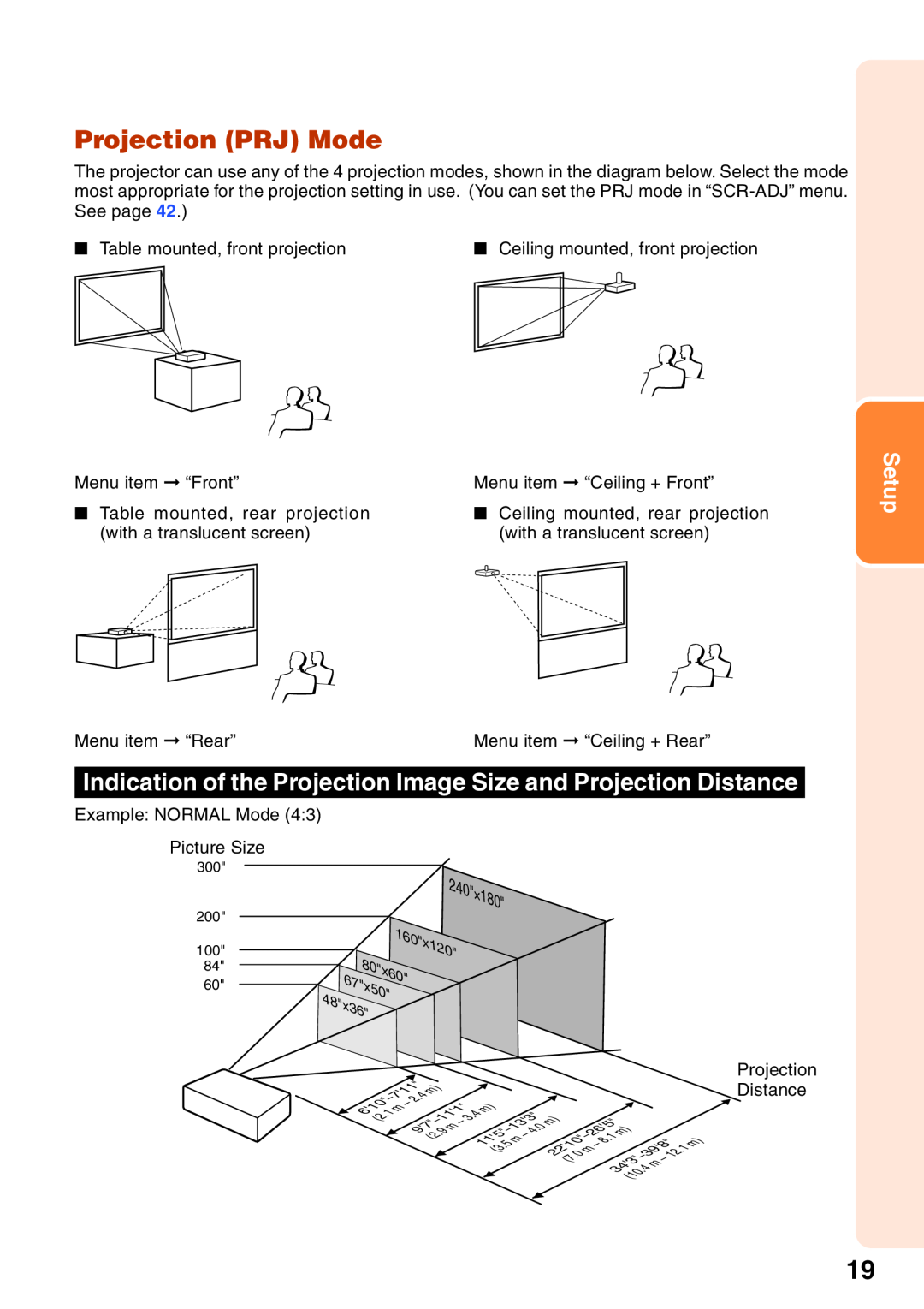 Sharp XG-MB65X operation manual Projection PRJ Mode, Indication of the Projection Image Size and Projection Distance, Setup 