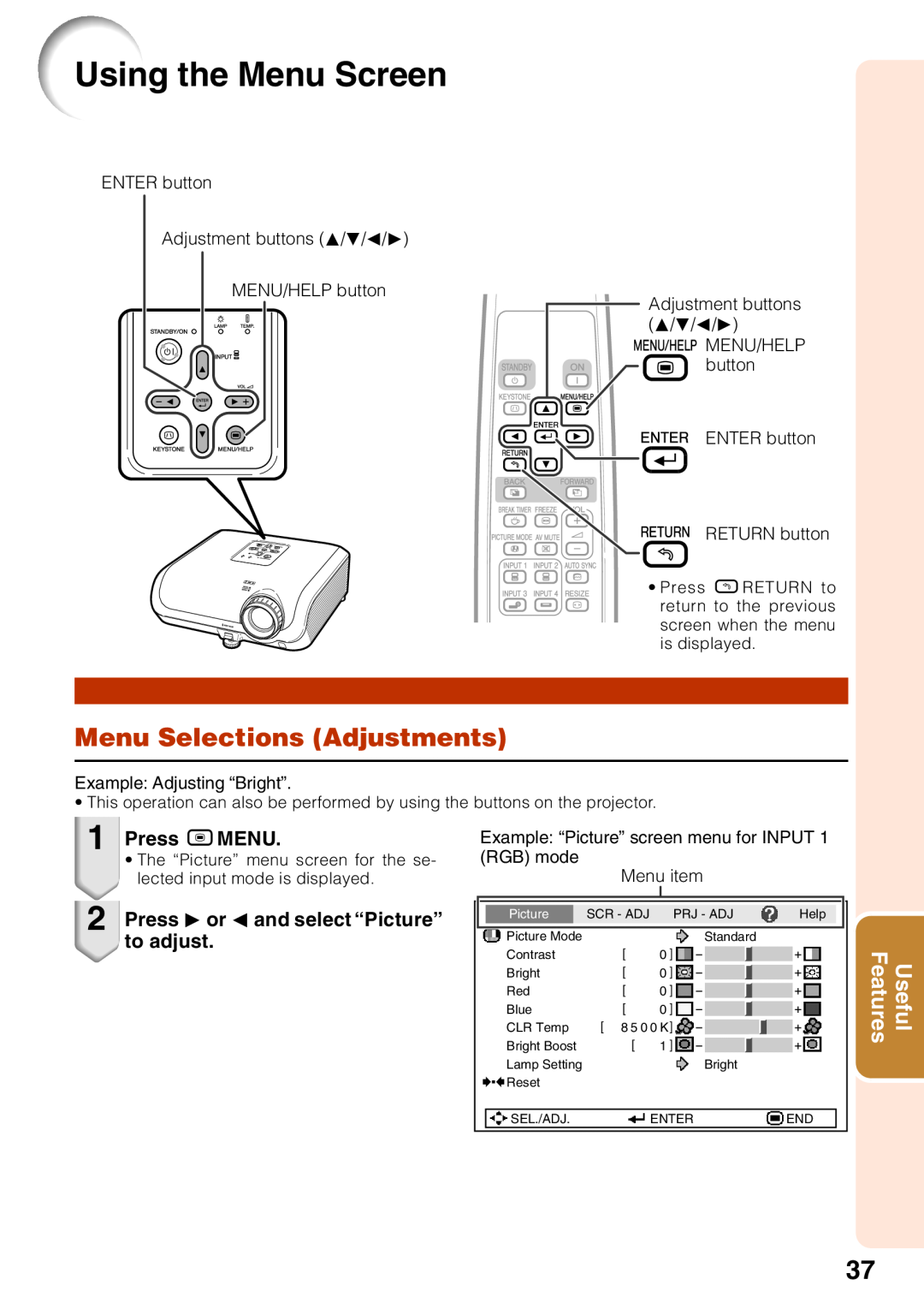 Sharp XG-MB65X operation manual Using the Menu Screen, Menu Selections Adjustments, Press BMENU 