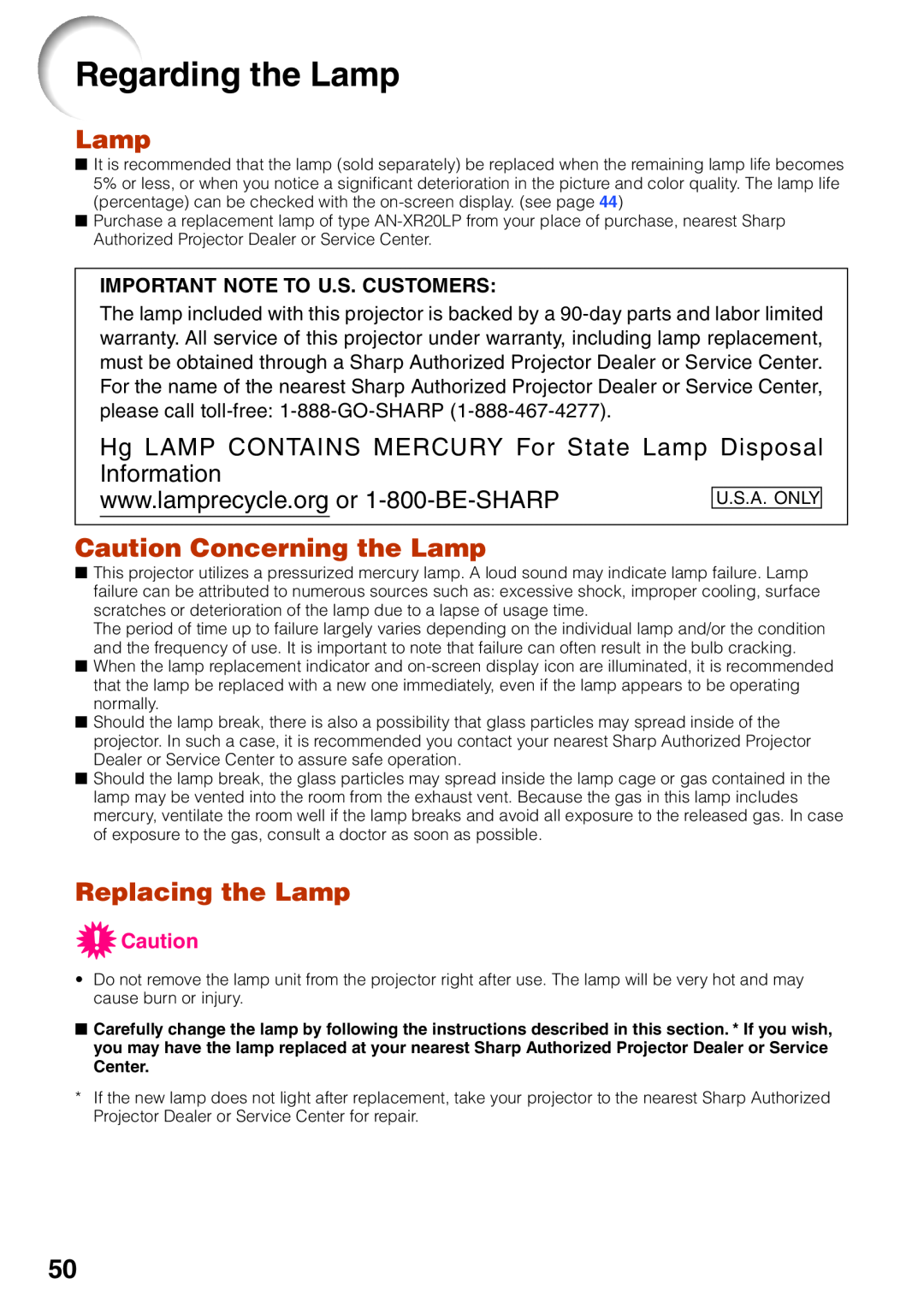 Sharp XG-MB65X Regarding the Lamp, Hg LAMP CONTAINS MERCURY For State Lamp Disposal, Information, Replacing the Lamp 