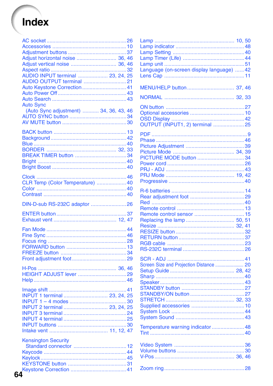 Sharp XG-MB65X operation manual Index, V-Pos 