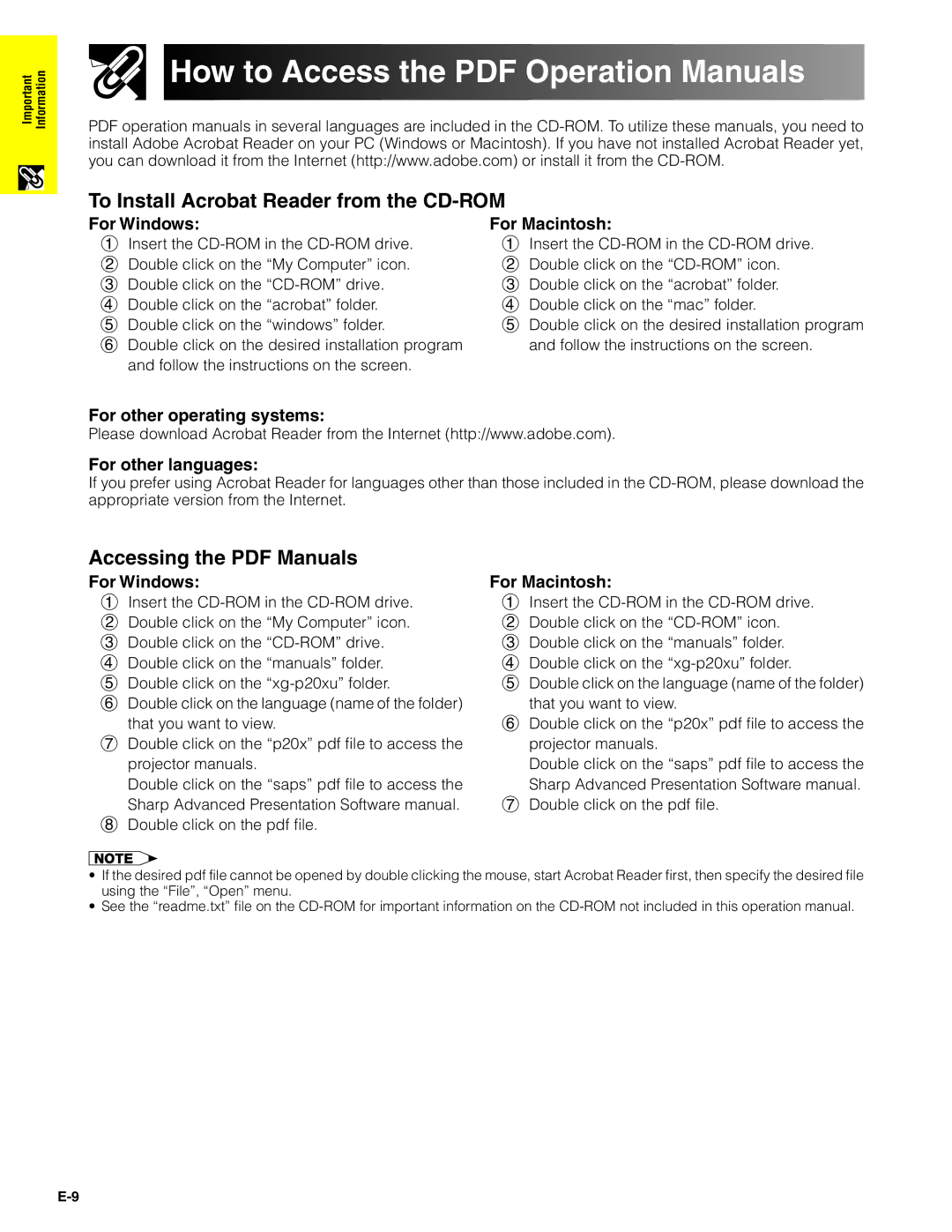 Sharp XG-P20XU operation manual To Install Acrobat Reader from the CD-ROM, For Windows For Macintosh 