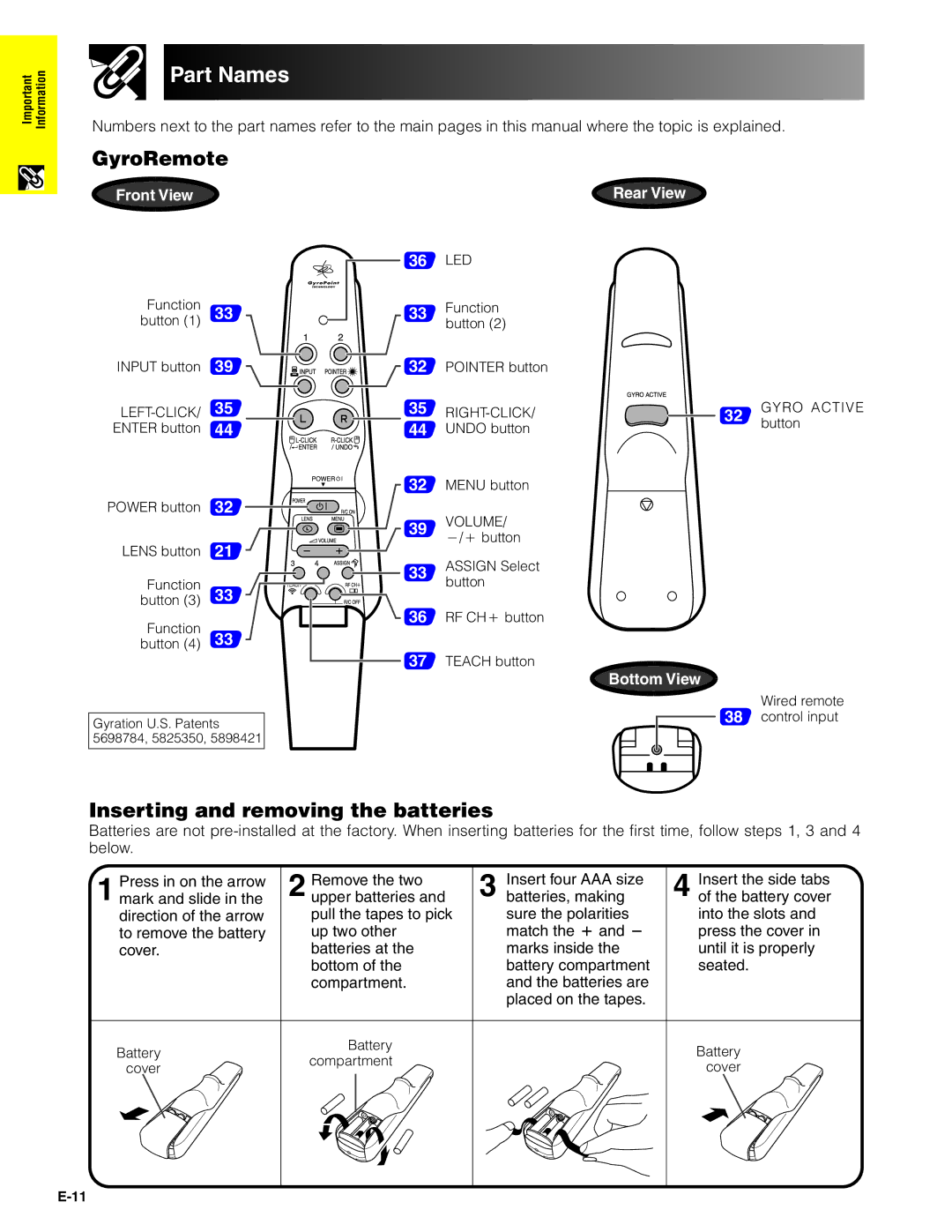 Sharp XG-P20XU operation manual GyroRemote, Inserting and removing the batteries 