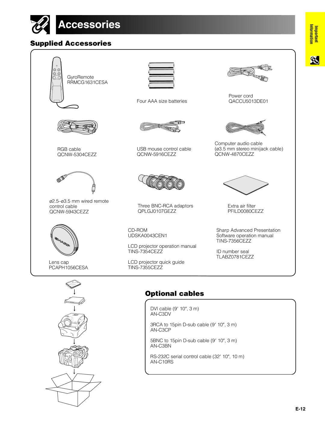 Sharp XG-P20XU operation manual Supplied Accessories, Optional cables 