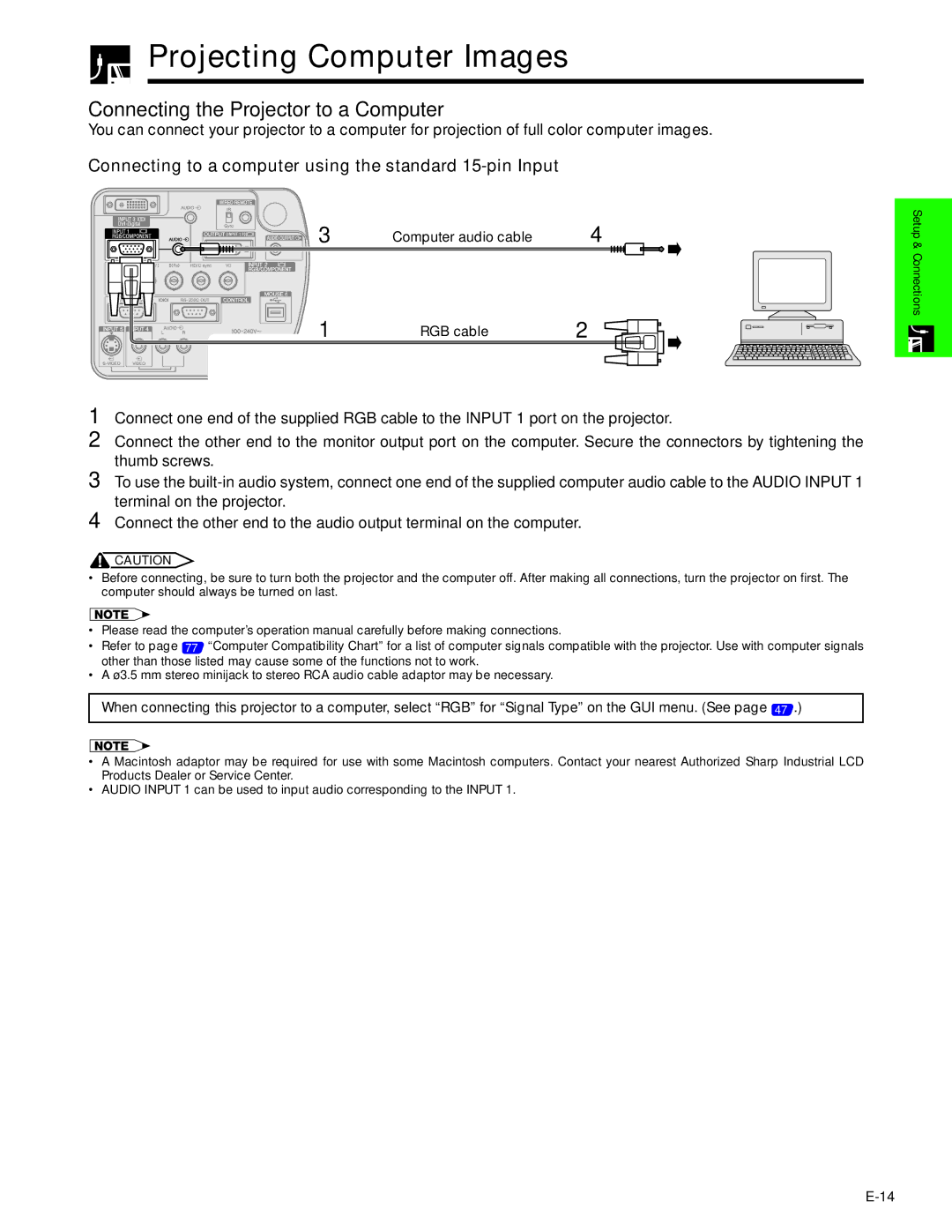 Sharp XG-P20XU operation manual Projecting Computer Images, Connecting the Projector to a Computer 