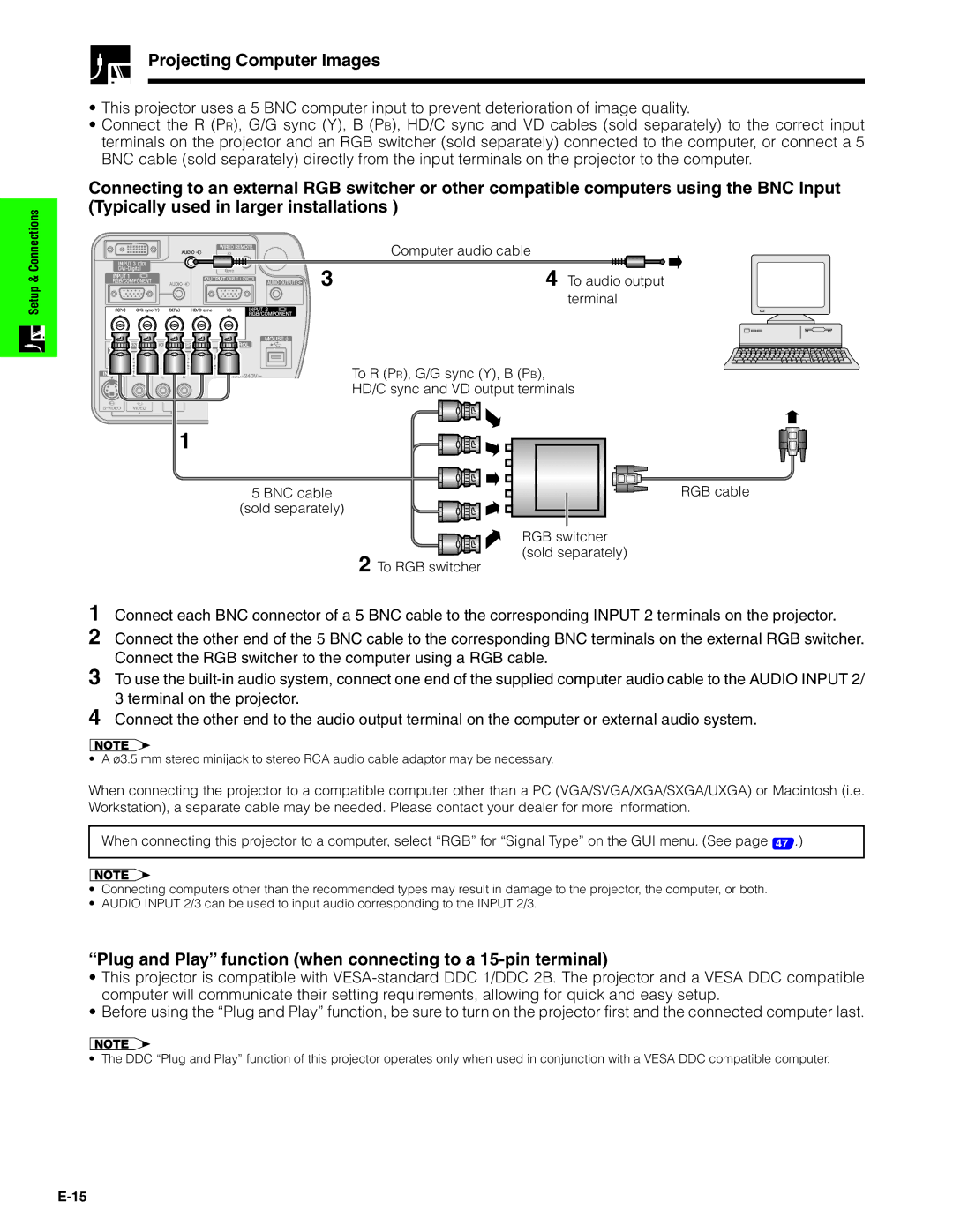 Sharp XG-P20XU operation manual Projecting Computer Images, Plug and Play function when connecting to a 15-pin terminal 