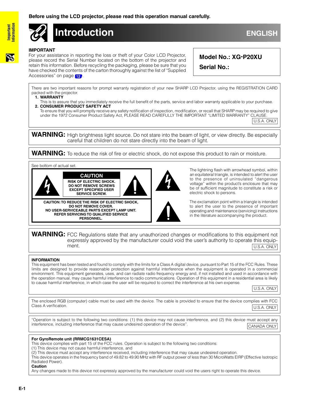 Sharp XG-P20XU operation manual Introduction, English 