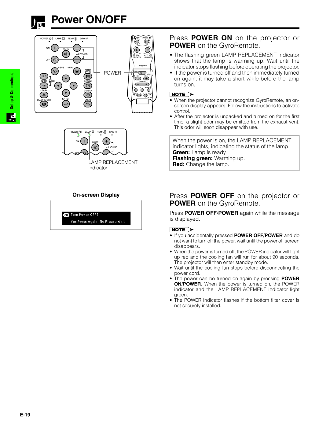 Sharp XG-P20XU operation manual Power ON/OFF, On-screen Display, Flashing green Warming up 