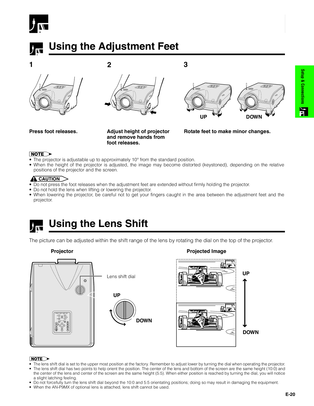 Sharp XG-P20XU operation manual Setting Up the Screen, Using the Adjustment Feet, Using the Lens Shift 