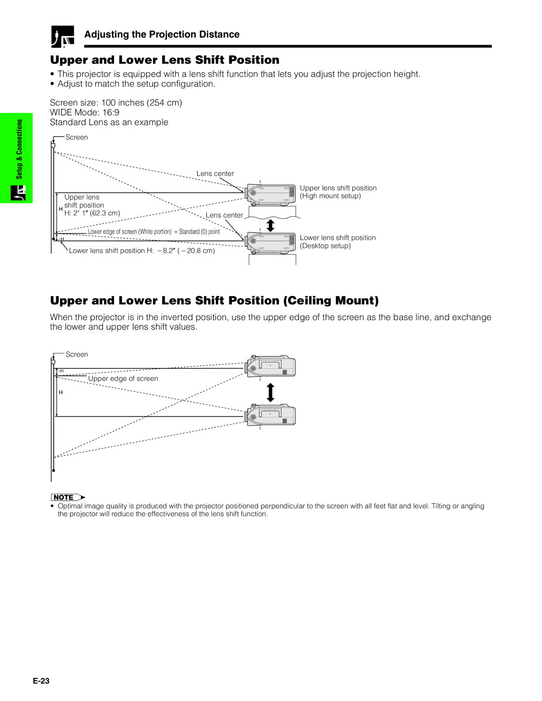 Sharp XG-P20XU operation manual Upper and Lower Lens Shift Position Ceiling Mount, Adjusting the Projection Distance 